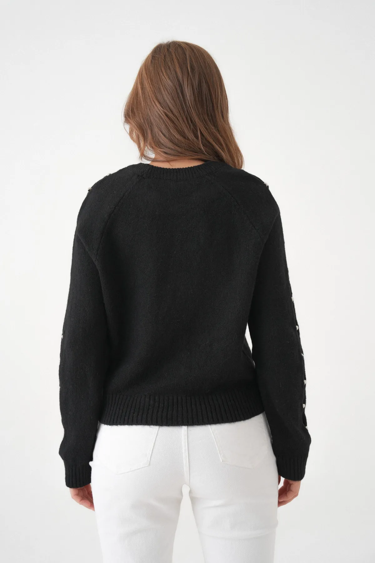 Kadın Bisiklet Yaka Kolları Boncuk Detay Yumuşak Dokulu Triko Kazak