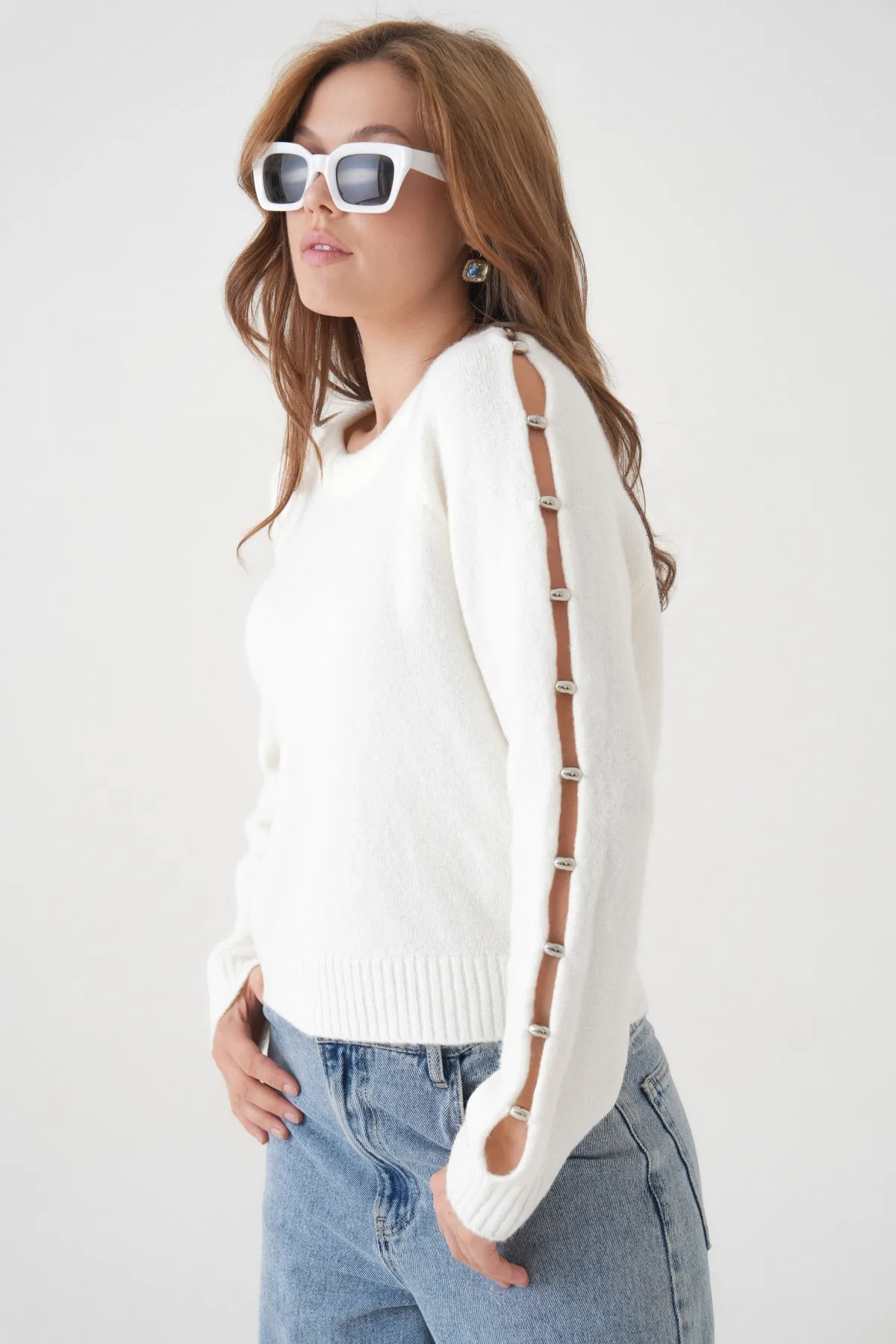 Kadın Bisiklet Yaka Kolları Boncuk Detay Yumuşak Dokulu Triko Kazak