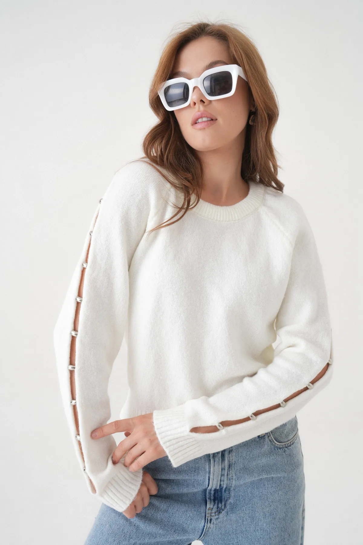 Kadın Bisiklet Yaka Kolları Boncuk Detay Yumuşak Dokulu Triko Kazak