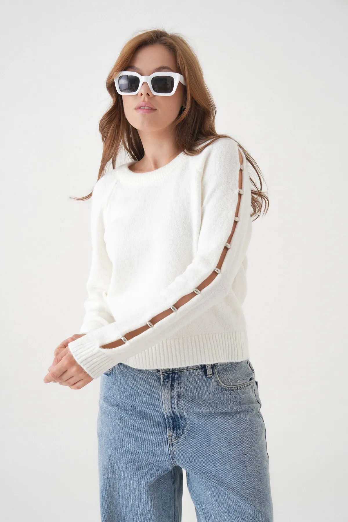 Kadın Bisiklet Yaka Kolları Boncuk Detay Yumuşak Dokulu Triko Kazak