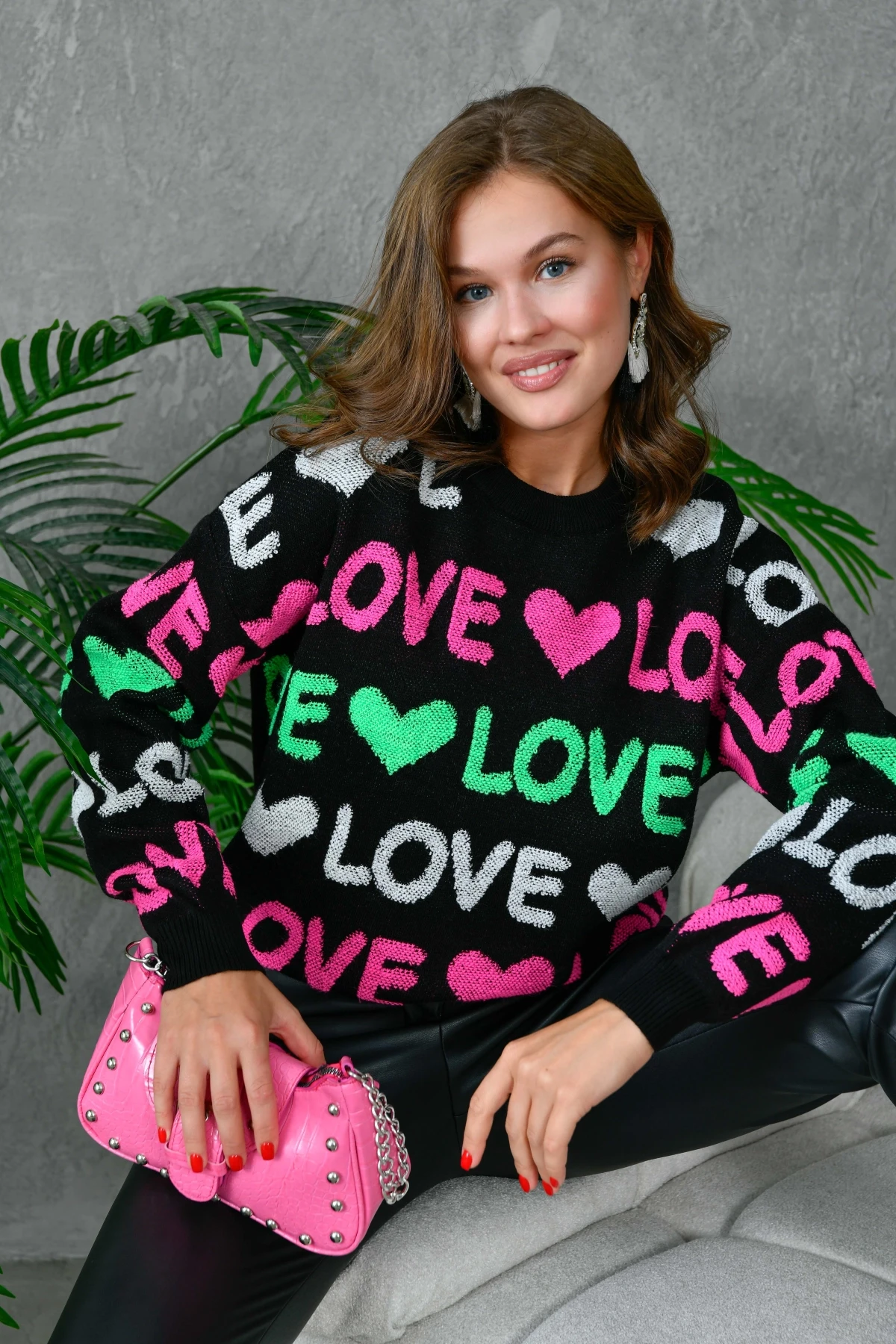 Kadın Bisiklet Yaka Love Örgü Desenli Havlu Kumaş Triko Kazak 10469