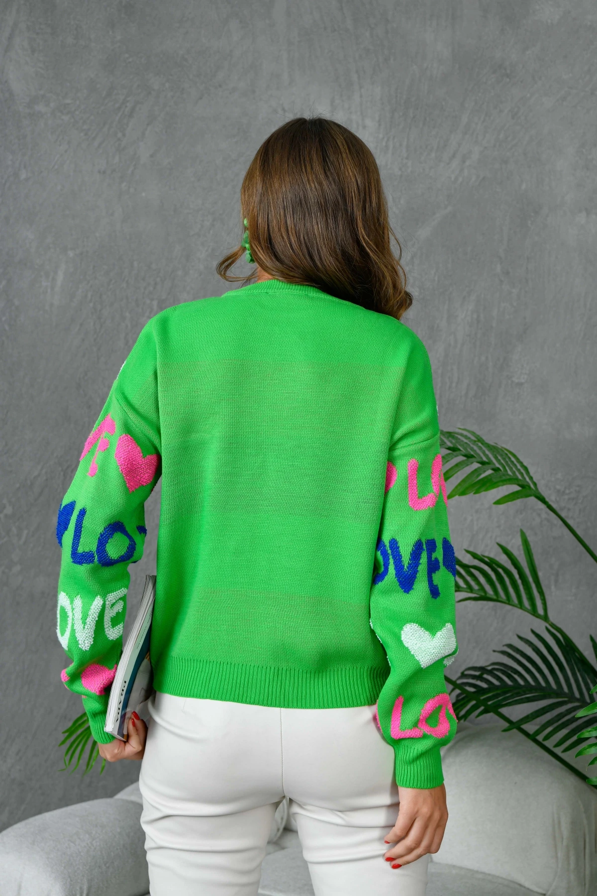 Kadın Bisiklet Yaka Love Örgü Desenli Havlu Kumaş Triko Kazak 10469