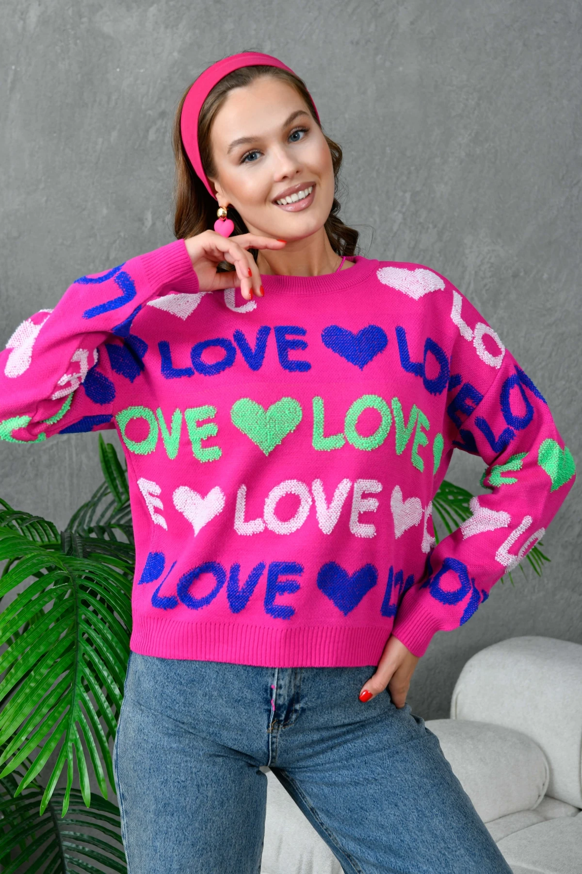 Kadın Bisiklet Yaka Love Örgü Desenli Havlu Kumaş Triko Kazak 10469