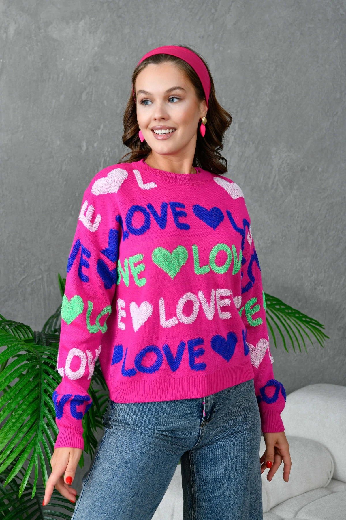 Kadın Bisiklet Yaka Love Örgü Desenli Havlu Kumaş Triko Kazak 10469