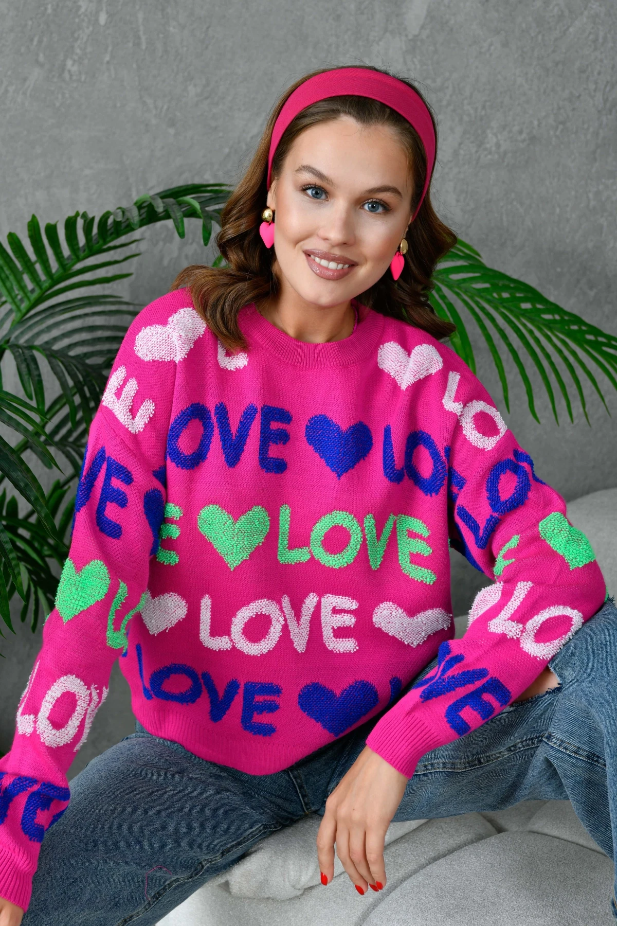 Kadın Bisiklet Yaka Love Örgü Desenli Havlu Kumaş Triko Kazak 10469