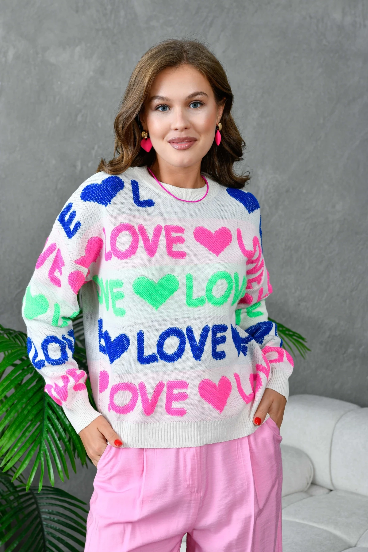 Kadın Bisiklet Yaka Love Örgü Desenli Havlu Kumaş Triko Kazak 10469