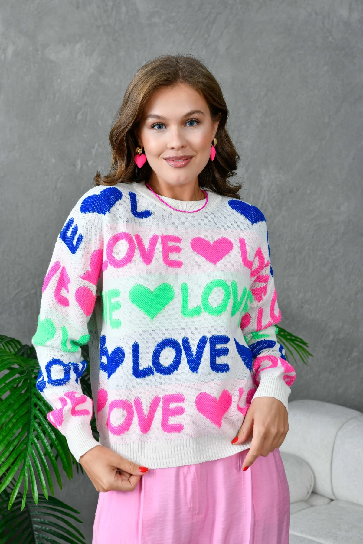 Kadın Bisiklet Yaka Love Örgü Desenli Havlu Kumaş Triko Kazak 10469