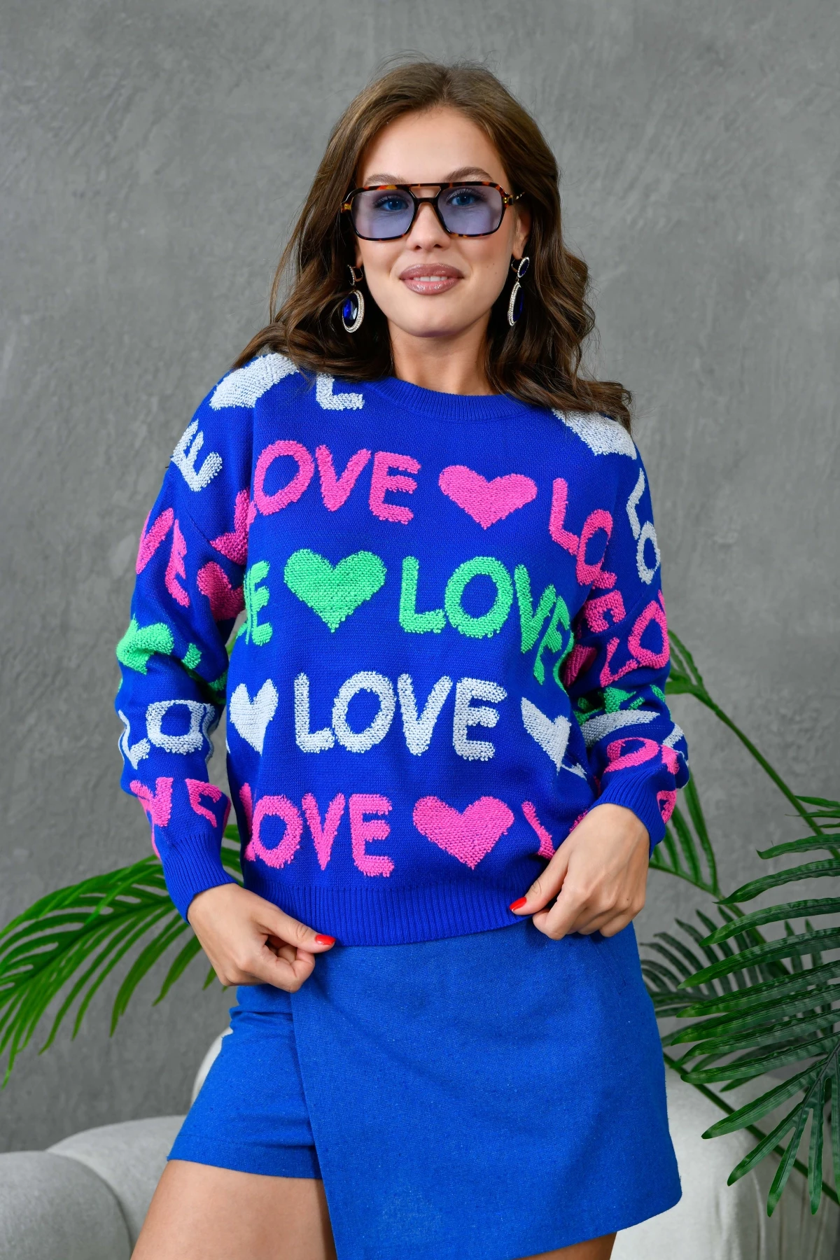 Kadın Bisiklet Yaka Love Örgü Desenli Havlu Kumaş Triko Kazak 10469