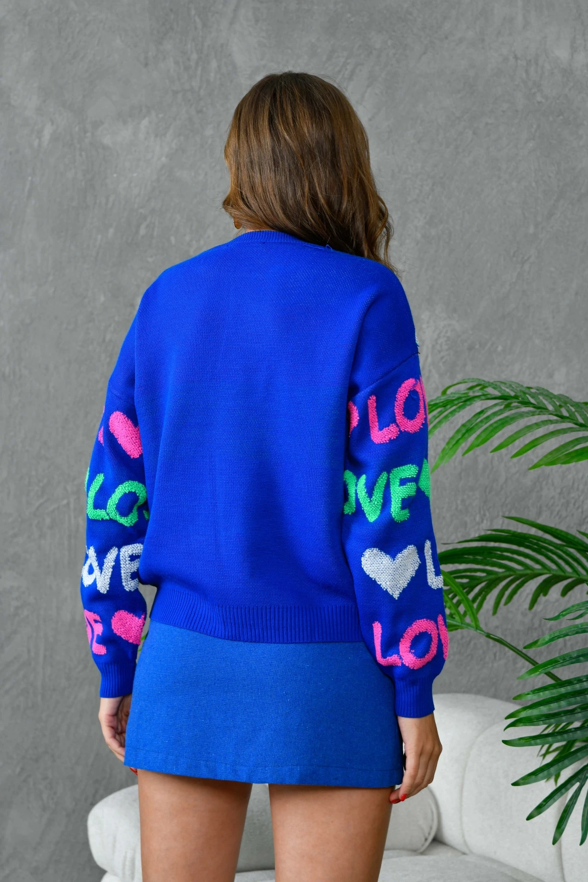 Kadın Bisiklet Yaka Love Örgü Desenli Havlu Kumaş Triko Kazak 10469