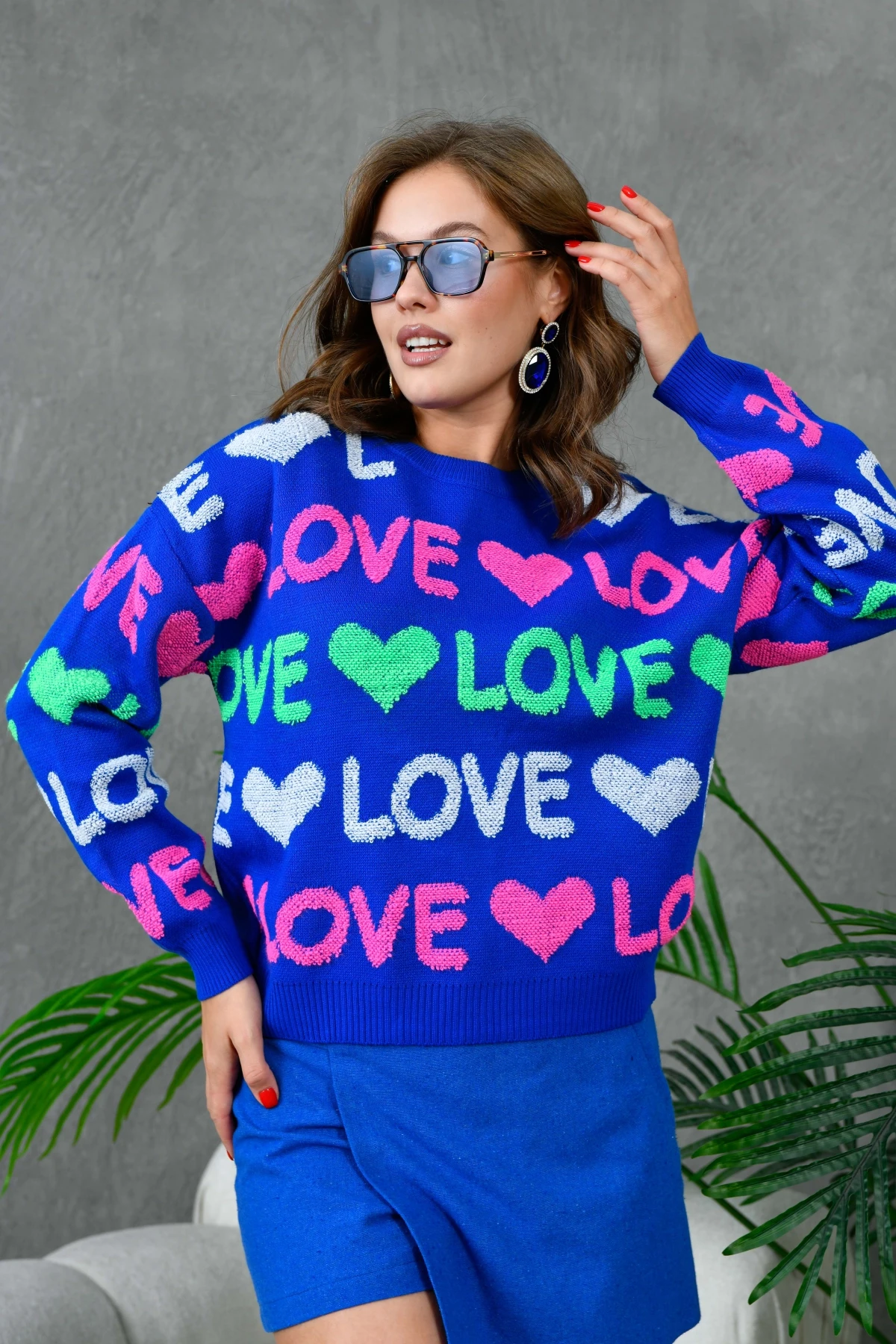 Kadın Bisiklet Yaka Love Örgü Desenli Havlu Kumaş Triko Kazak 10469