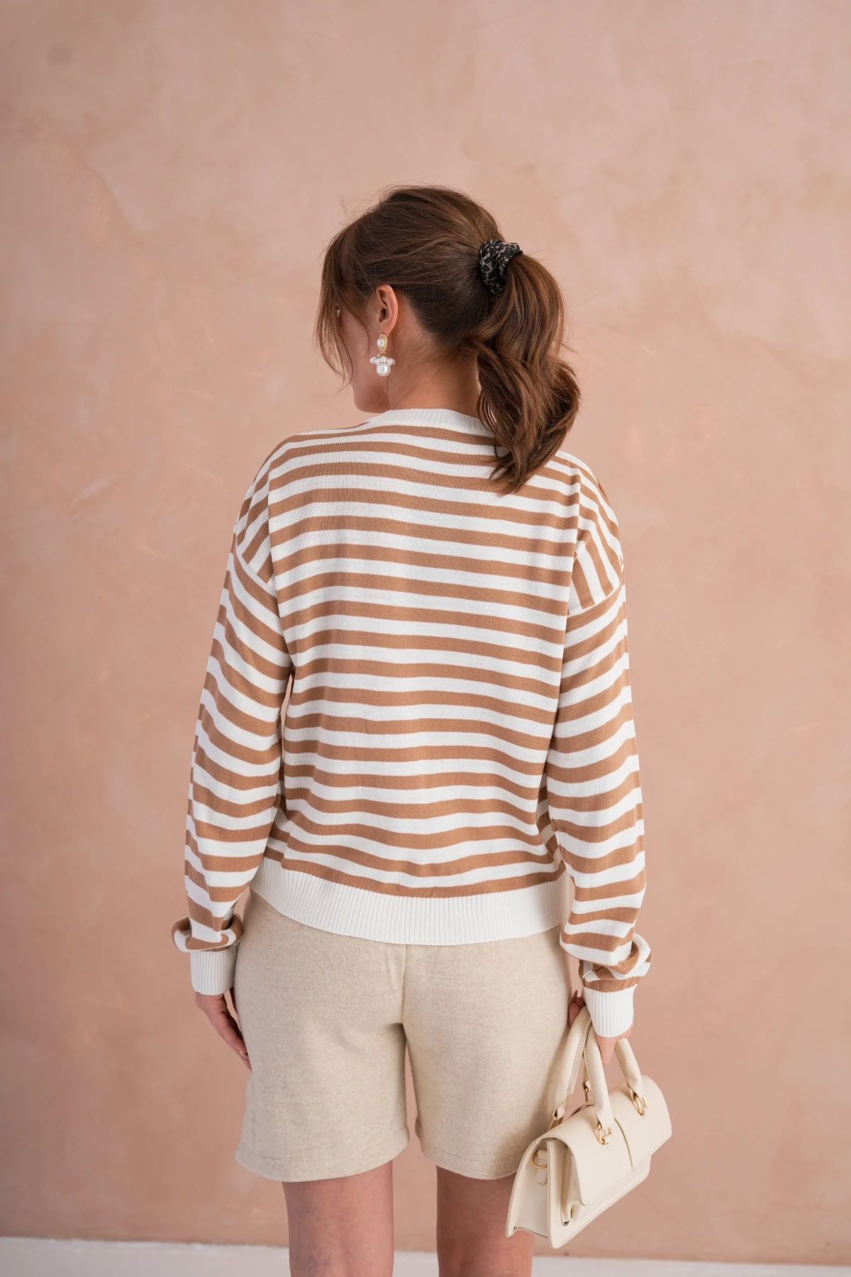 Kadın Bisiklet Yaka Nakış Detay Çizgili Triko Kazak