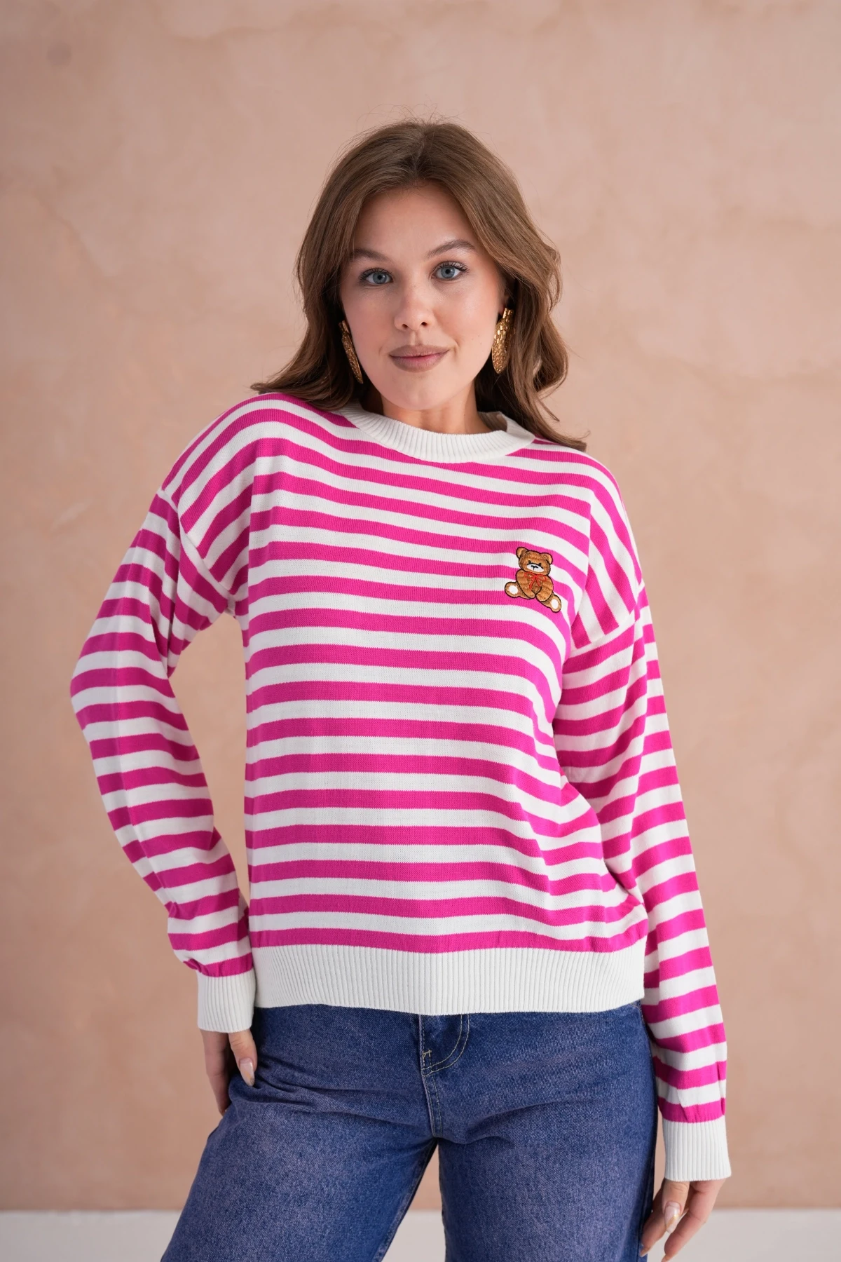 Kadın Bisiklet Yaka Nakış Detay Çizgili Triko Kazak