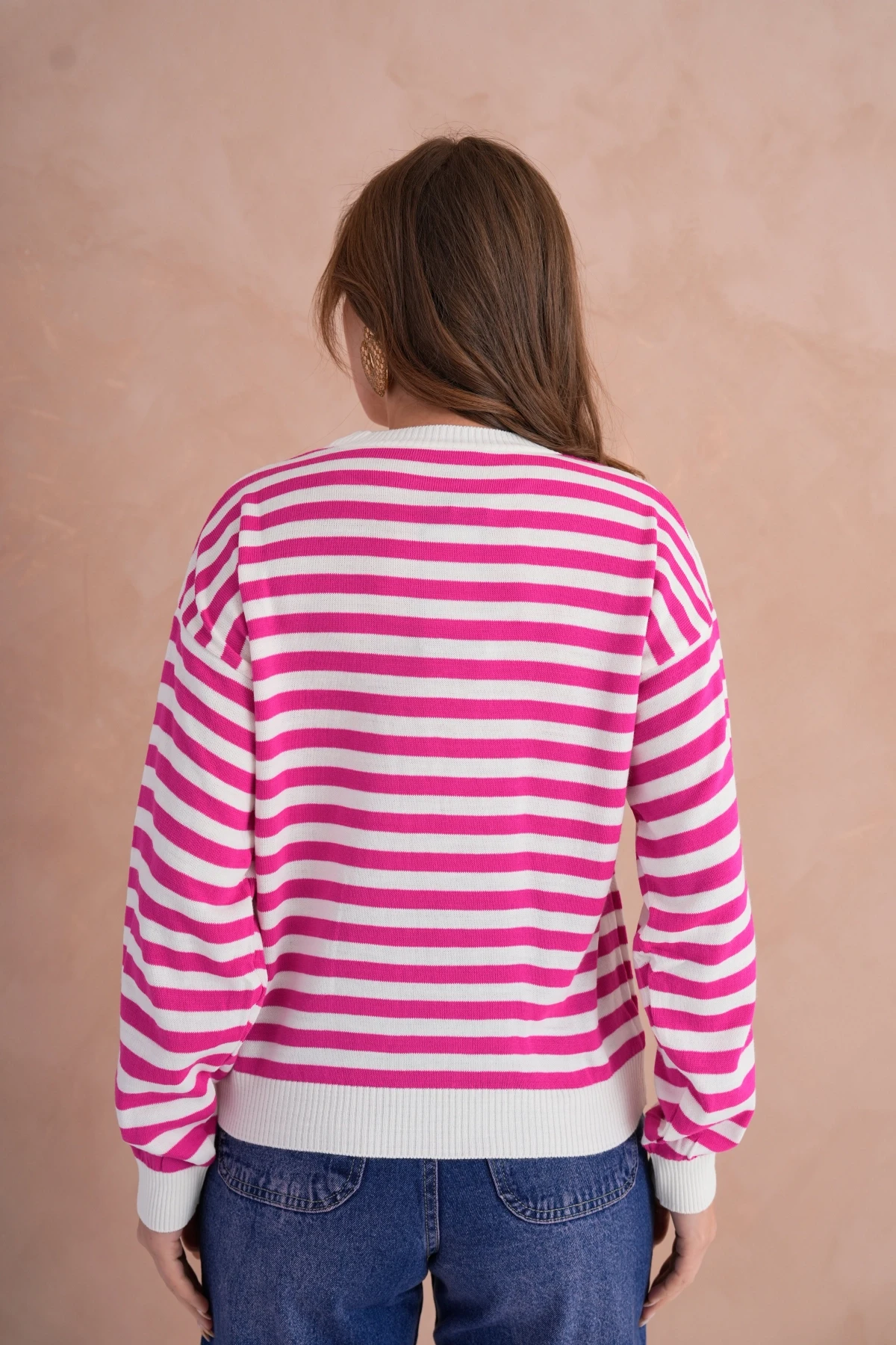 Kadın Bisiklet Yaka Nakış Detay Çizgili Triko Kazak