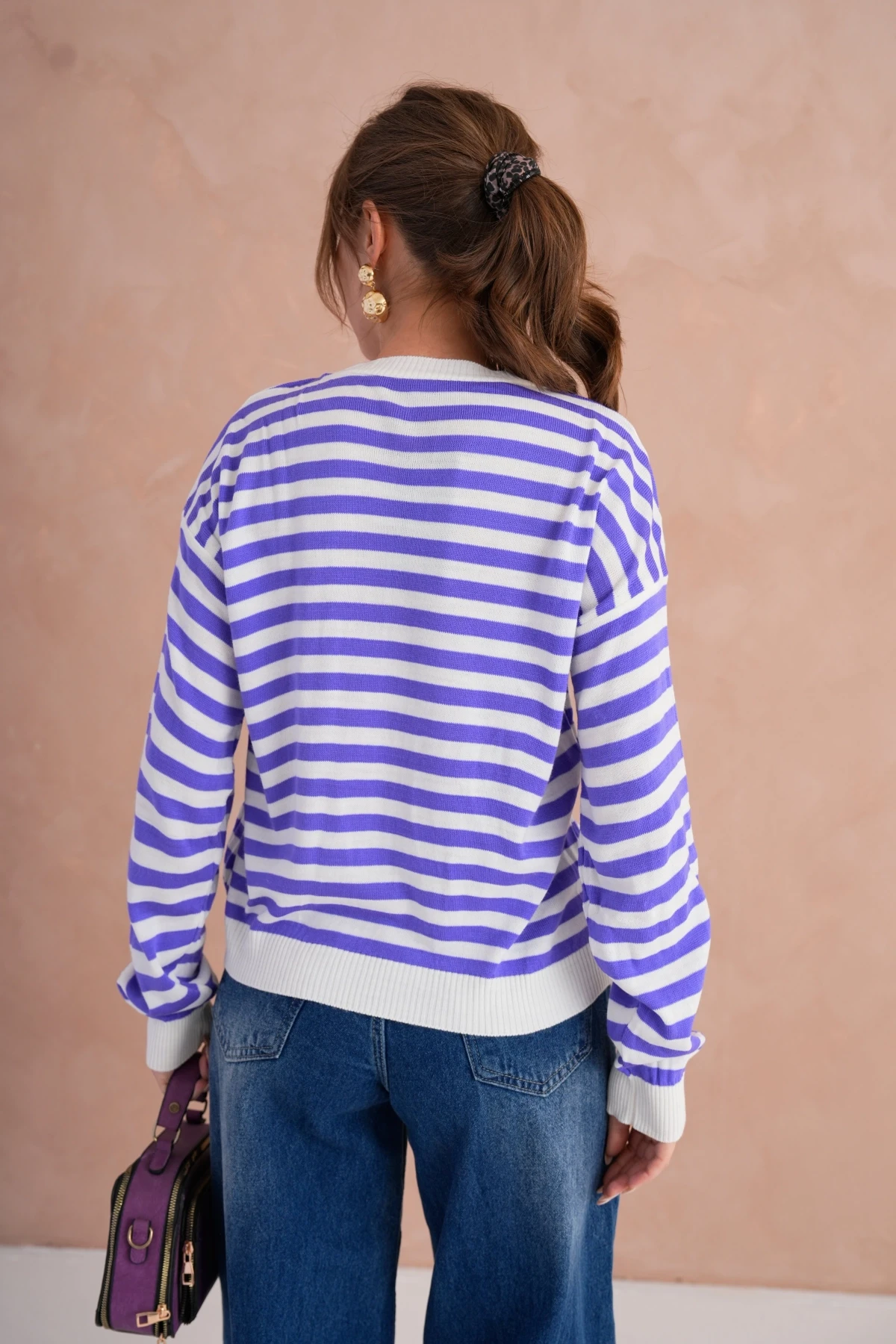 Kadın Bisiklet Yaka Nakış Detay Çizgili Triko Kazak