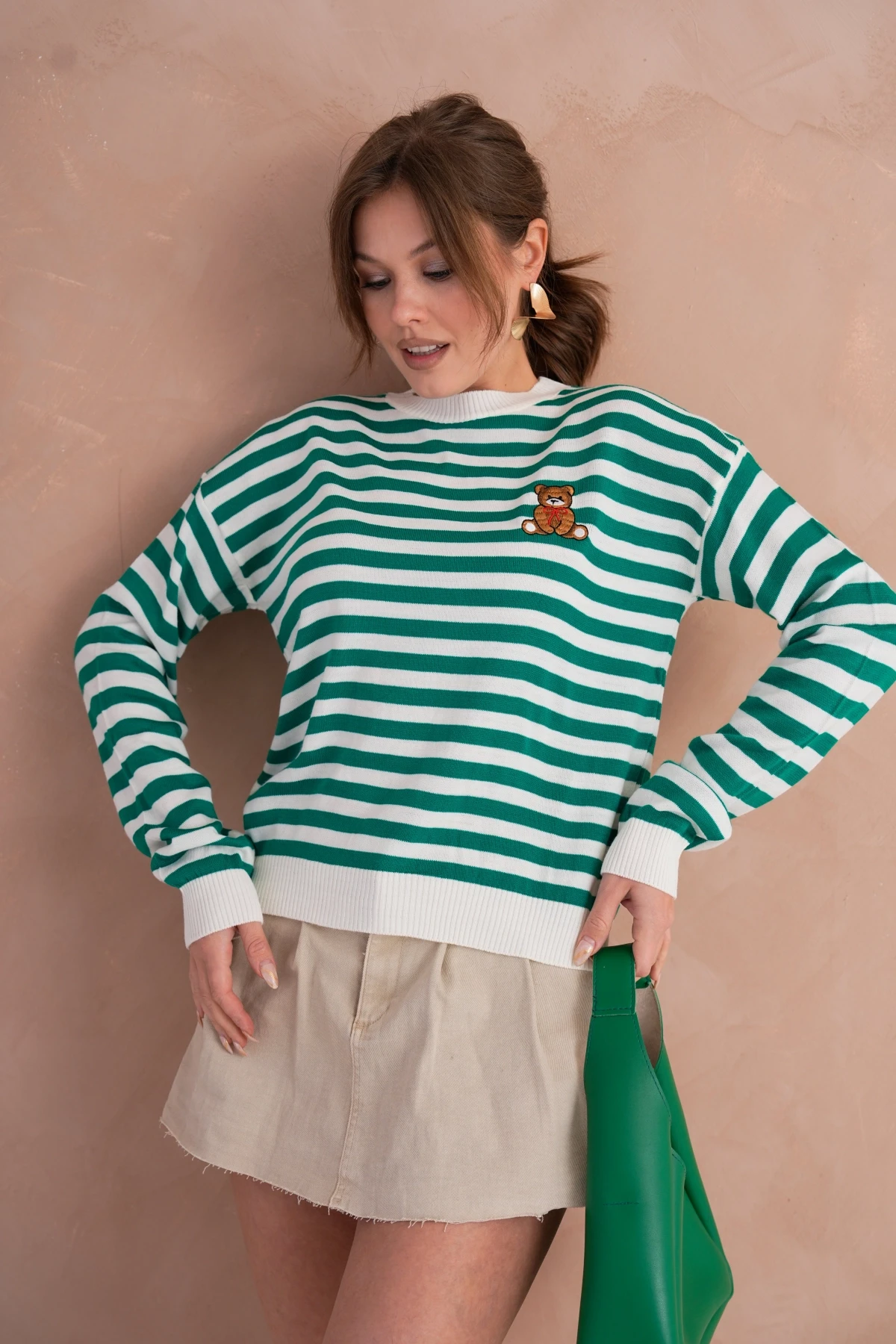 Kadın Bisiklet Yaka Nakış Detay Çizgili Triko Kazak