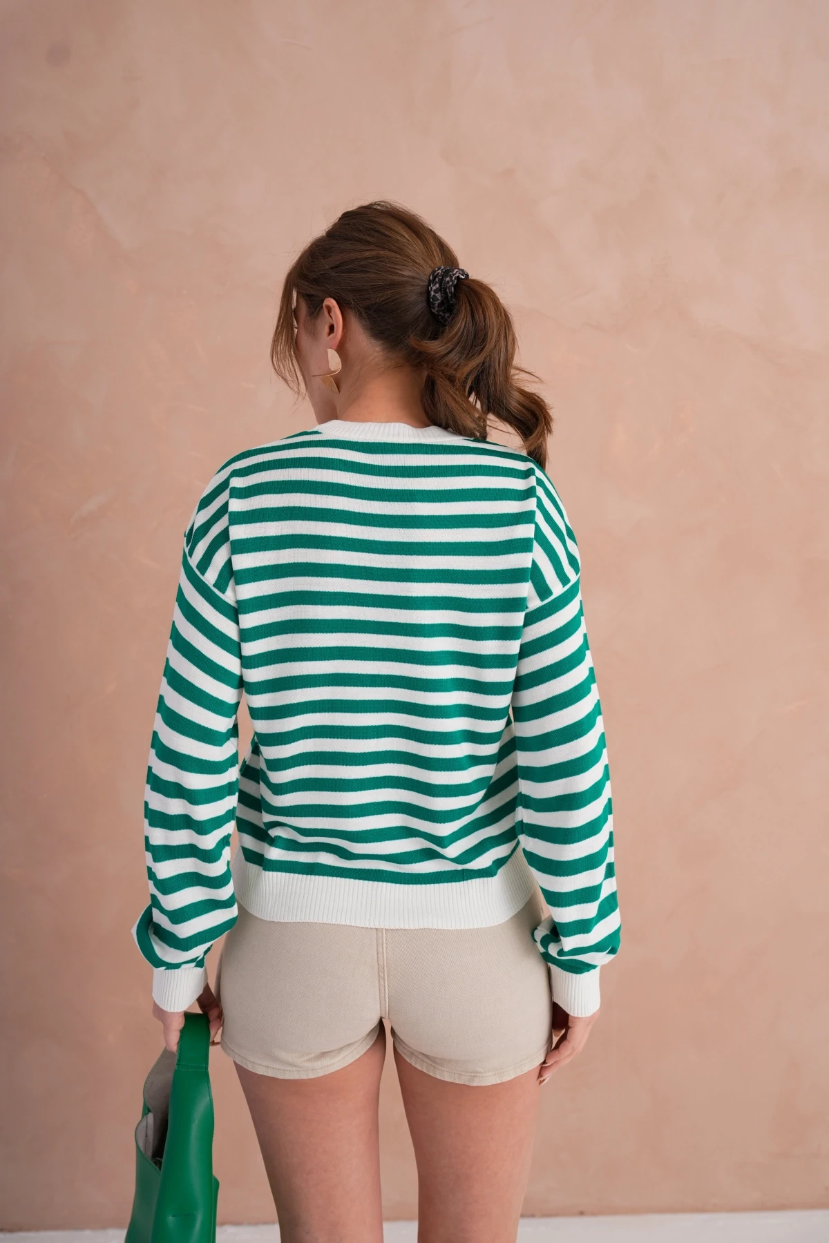 Kadın Bisiklet Yaka Nakış Detay Çizgili Triko Kazak