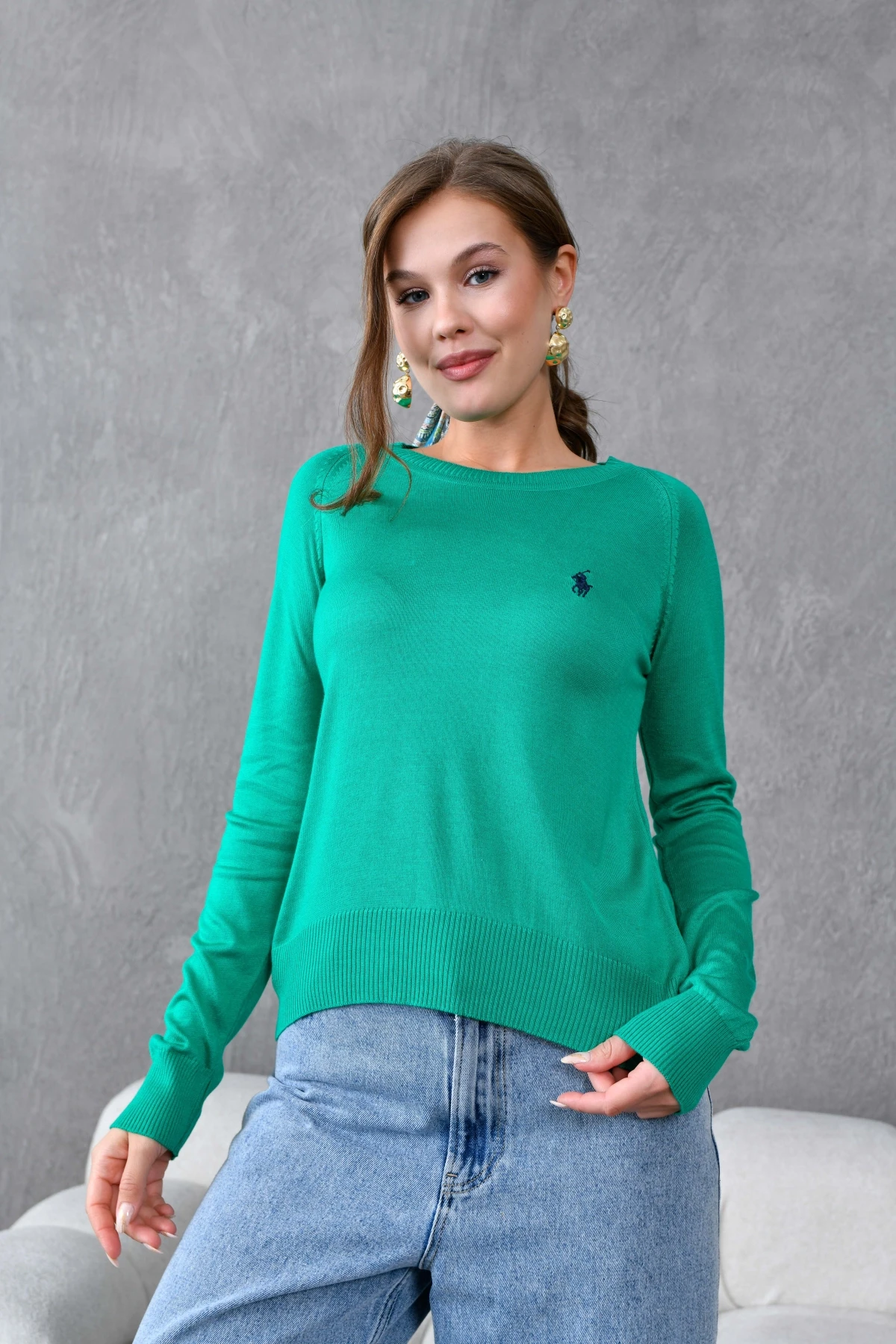 Kadın Bisiklet Yaka Nakış İşlemeli  Çizgili Triko Kazak 10285.Vsc