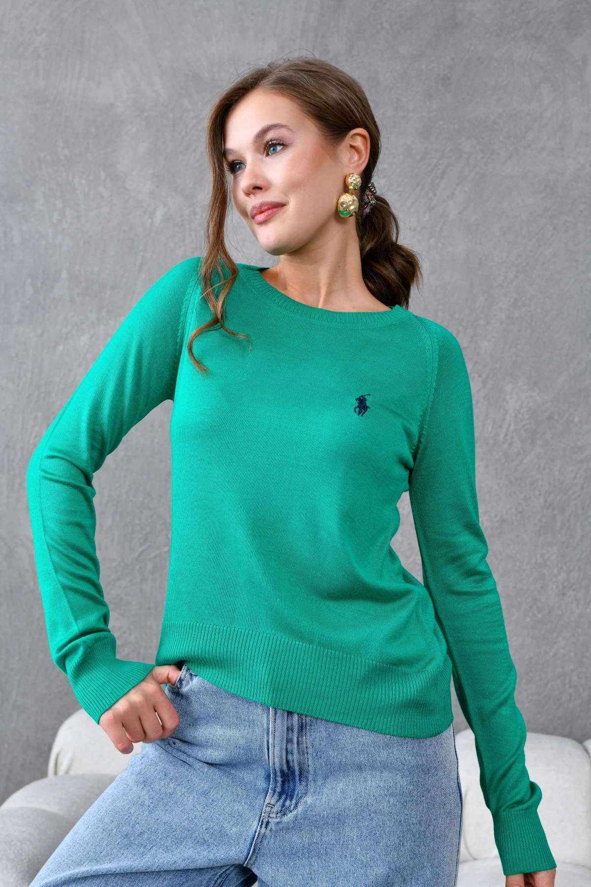 Kadın Bisiklet Yaka Nakış İşlemeli  Çizgili Triko Kazak 10285.Vsc