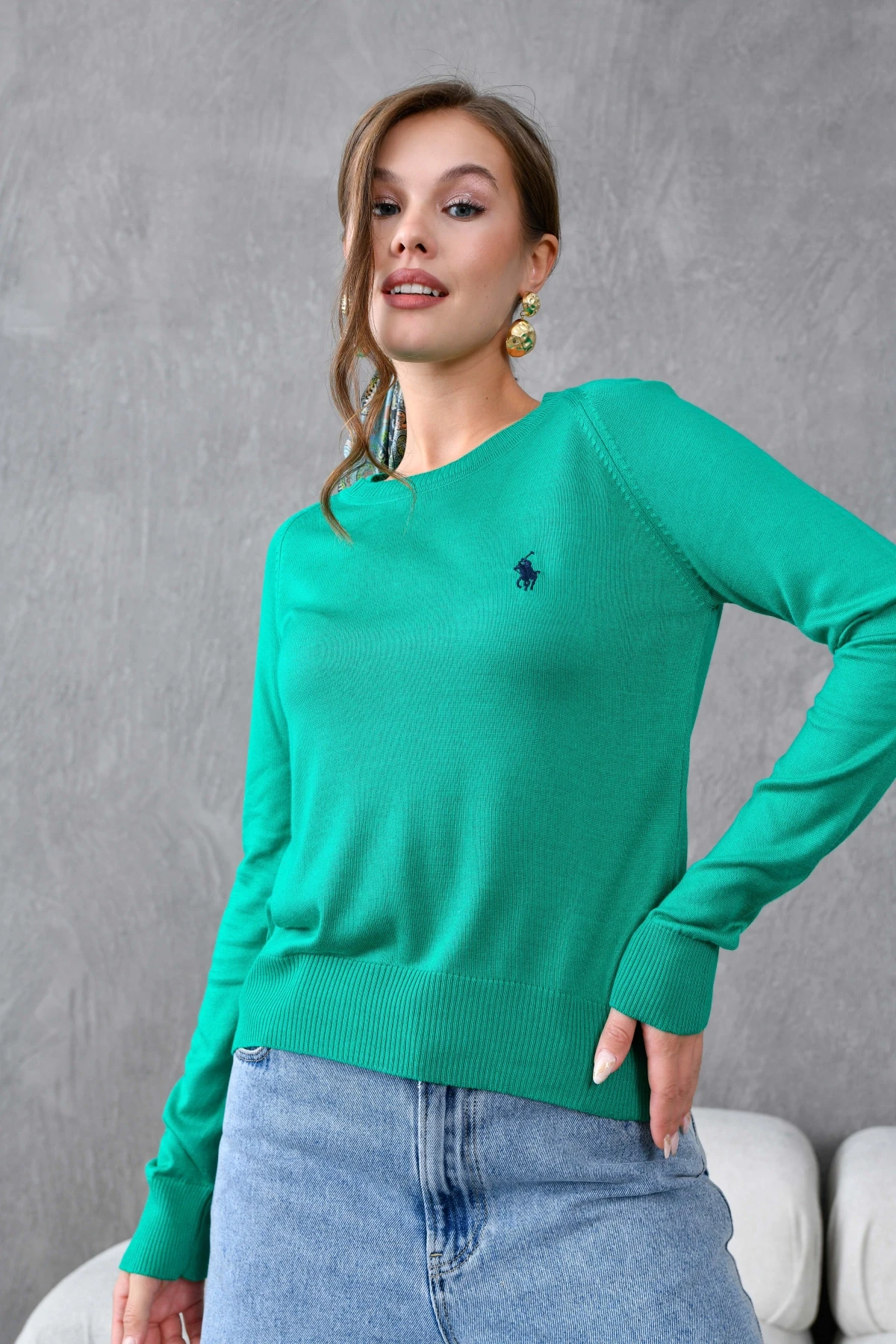 Kadın Bisiklet Yaka Nakış İşlemeli  Çizgili Triko Kazak 10285.Vsc