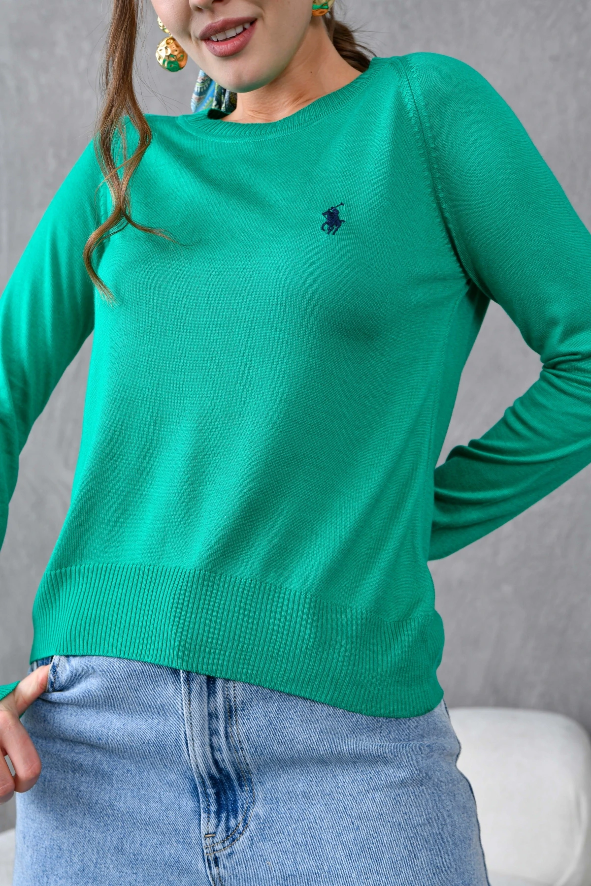 Kadın Bisiklet Yaka Nakış İşlemeli  Çizgili Triko Kazak 10285.Vsc