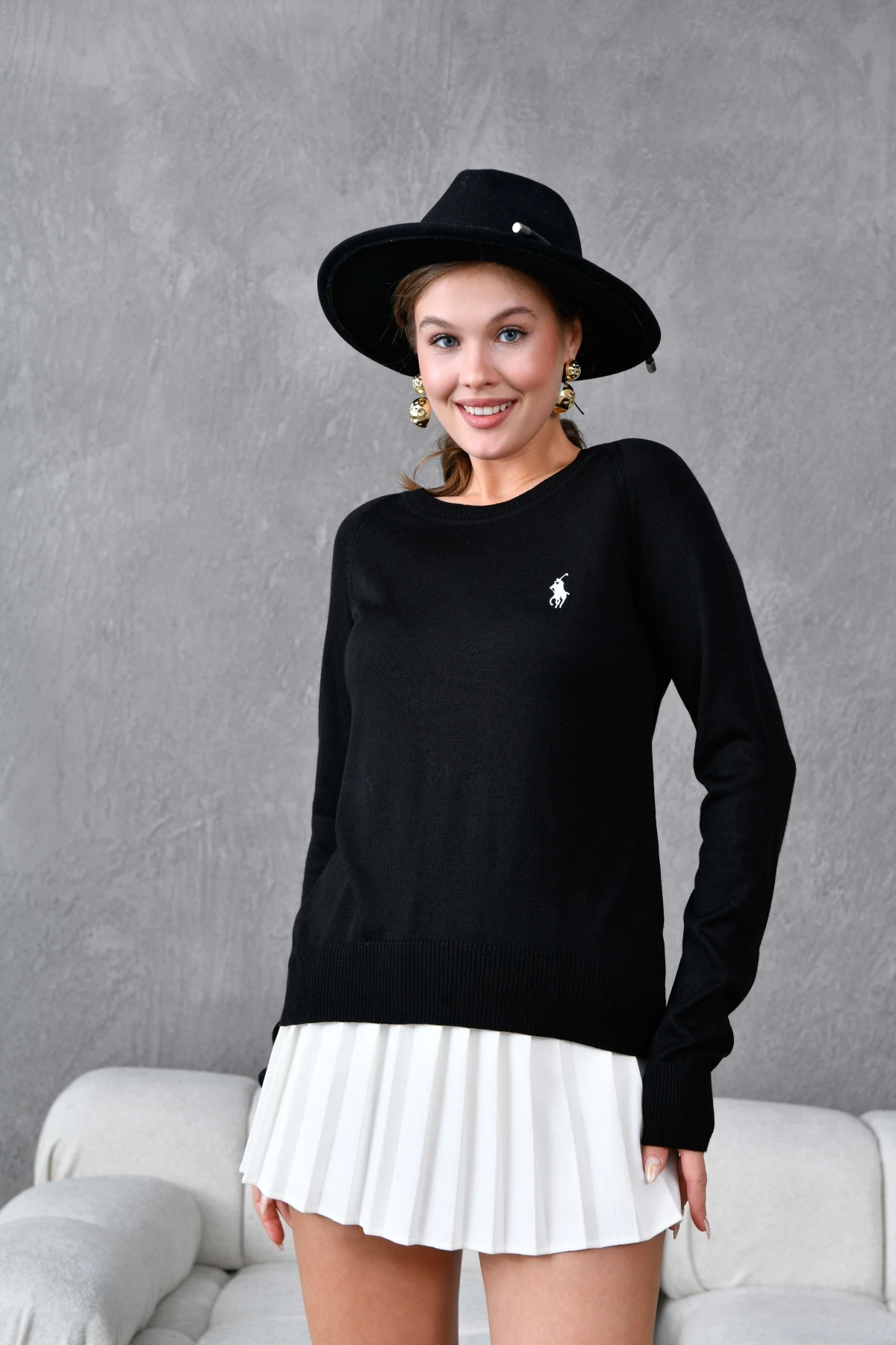 Kadın Bisiklet Yaka Nakış İşlemeli  Çizgili Triko Kazak 10285.Vsc