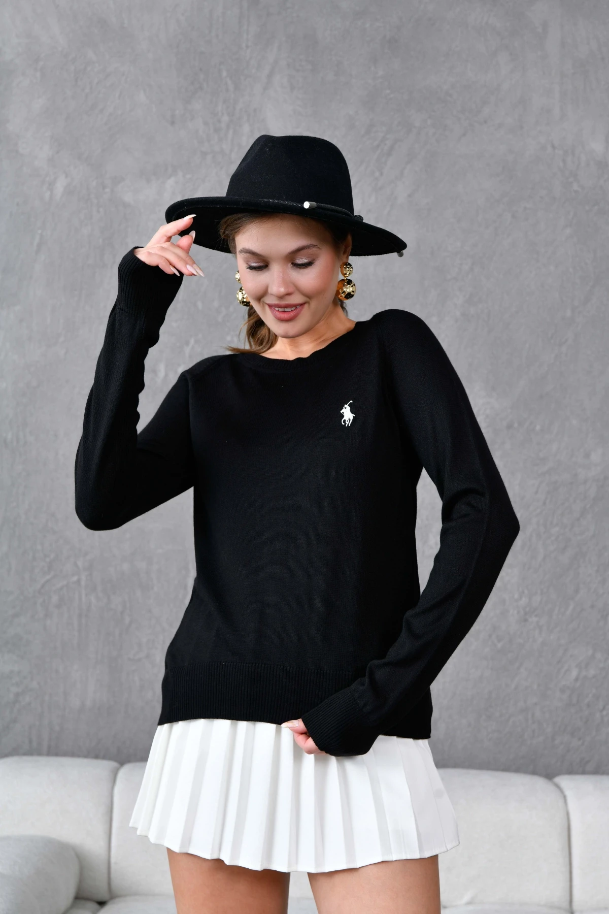 Kadın Bisiklet Yaka Nakış İşlemeli  Çizgili Triko Kazak 10285.Vsc