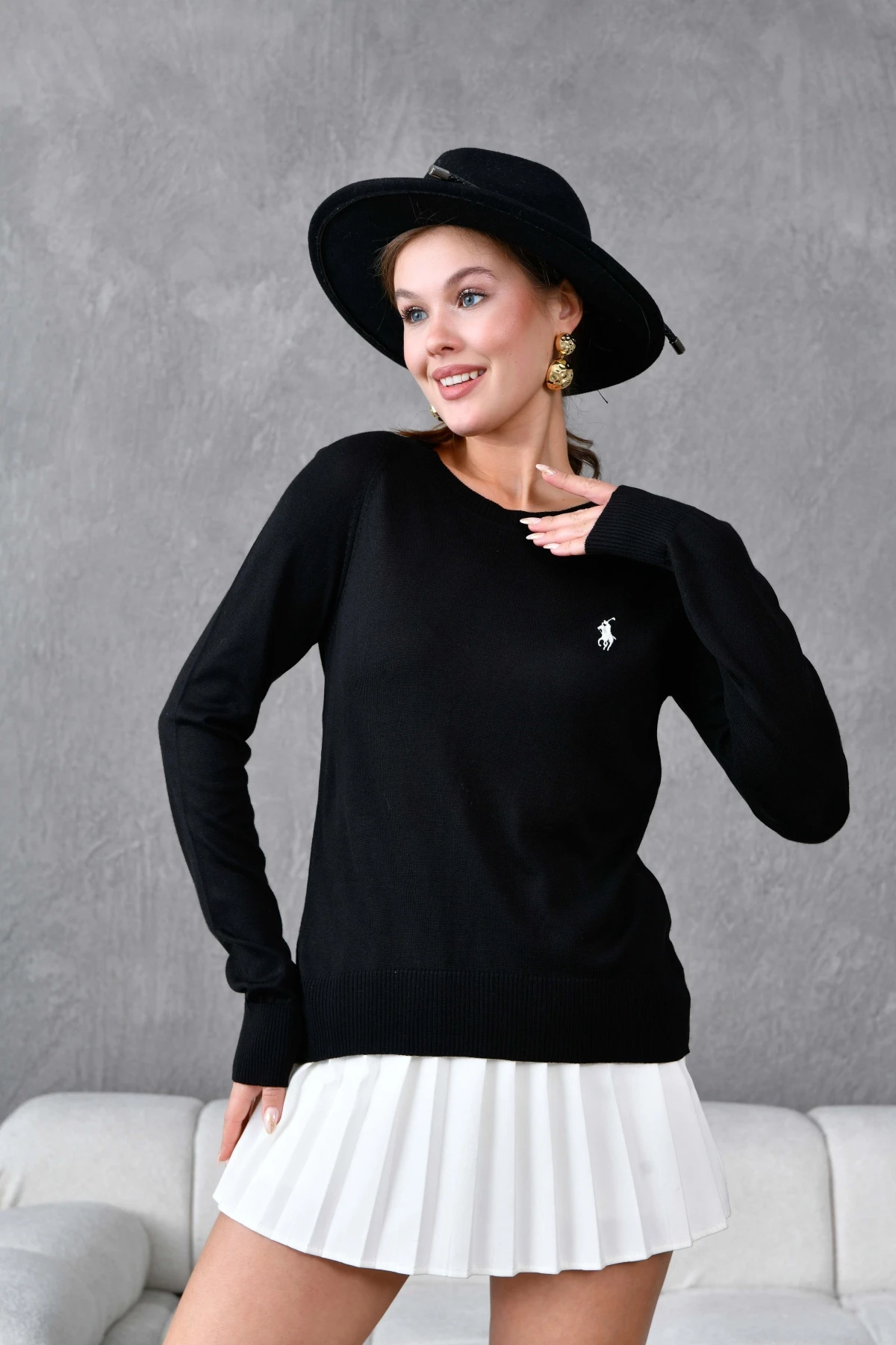 Kadın Bisiklet Yaka Nakış İşlemeli  Çizgili Triko Kazak 10285.Vsc