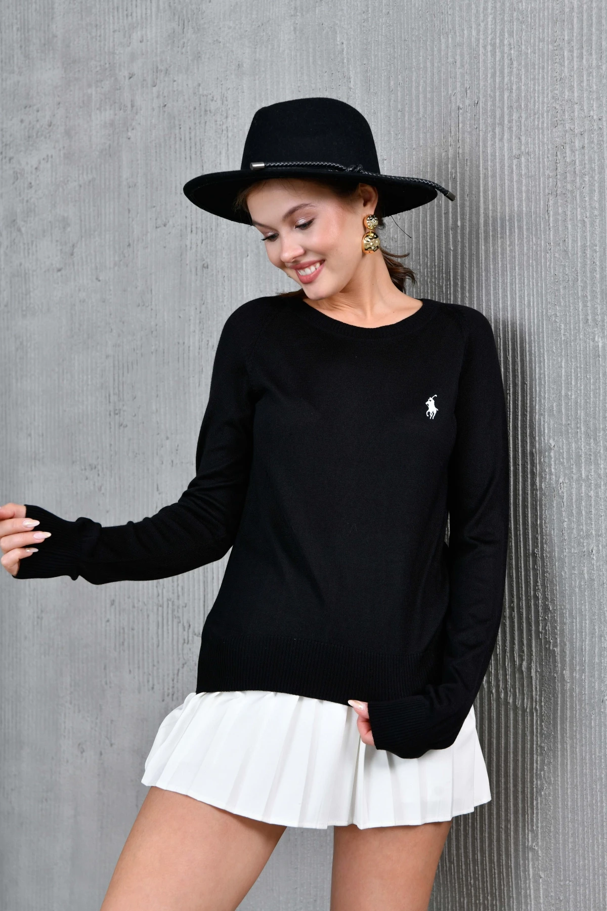 Kadın Bisiklet Yaka Nakış İşlemeli  Çizgili Triko Kazak 10285.Vsc