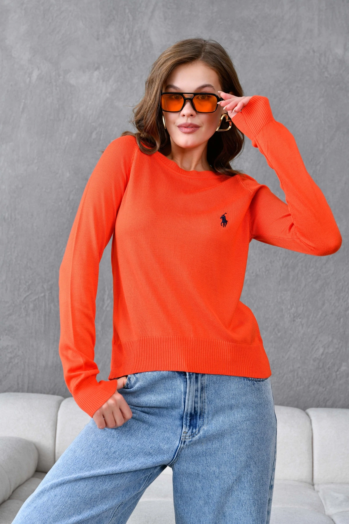 Kadın Bisiklet Yaka Nakış İşlemeli  Çizgili Triko Kazak 10285.Vsc