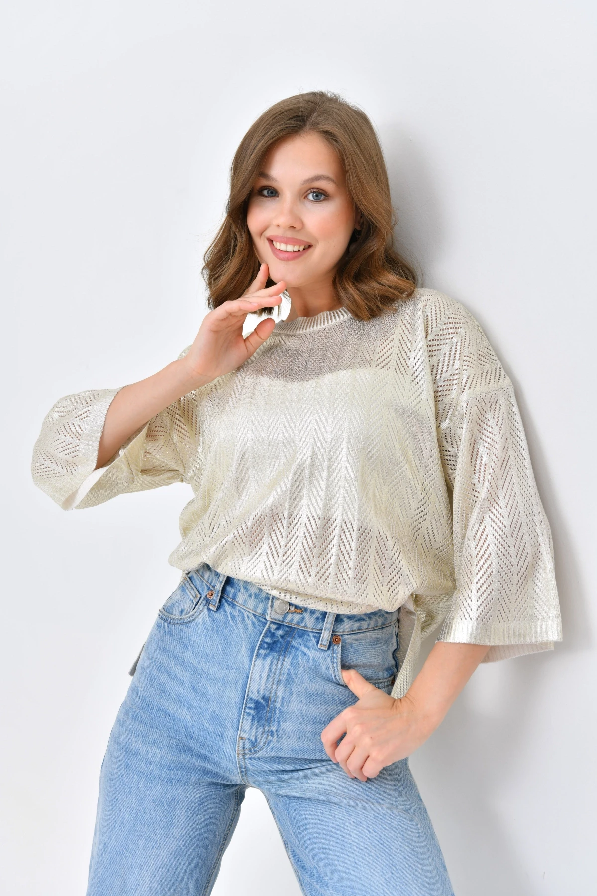 Kadın Bisiklet Yaka Örgü Detay Ajurlu Oversize Triko Kazak 10762