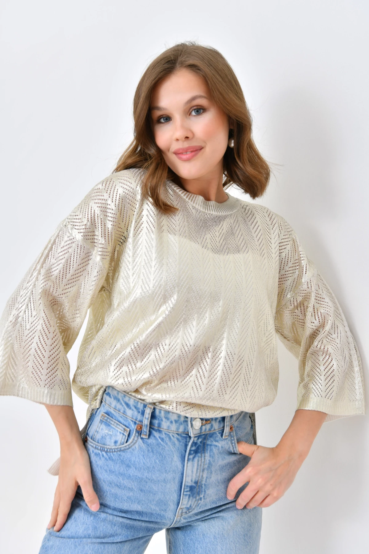 Kadın Bisiklet Yaka Örgü Detay Ajurlu Oversize Triko Kazak 10762