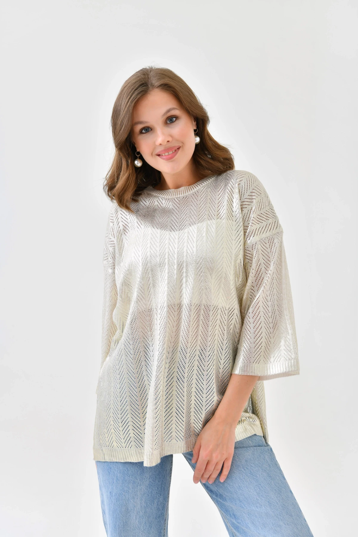 Kadın Bisiklet Yaka Örgü Detay Ajurlu Oversize Triko Kazak 10762