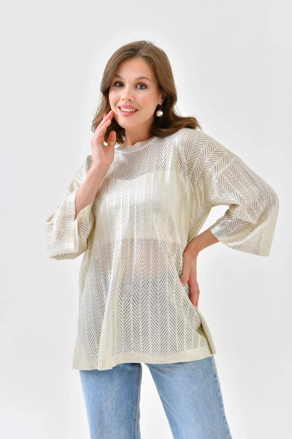 Kadın Bisiklet Yaka Örgü Detay Ajurlu Oversize Triko Kazak 10762