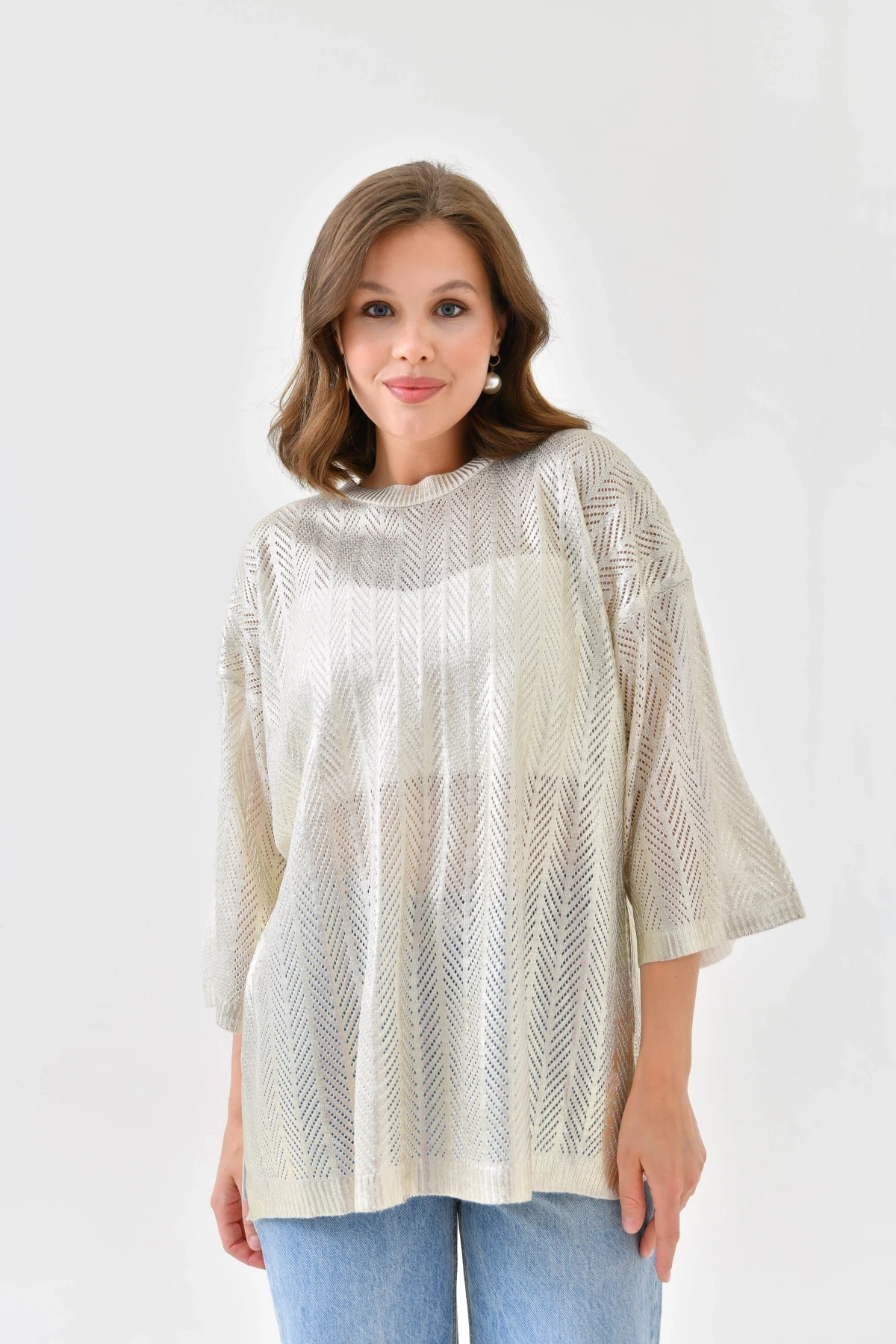 Kadın Bisiklet Yaka Örgü Detay Ajurlu Oversize Triko Kazak 10762