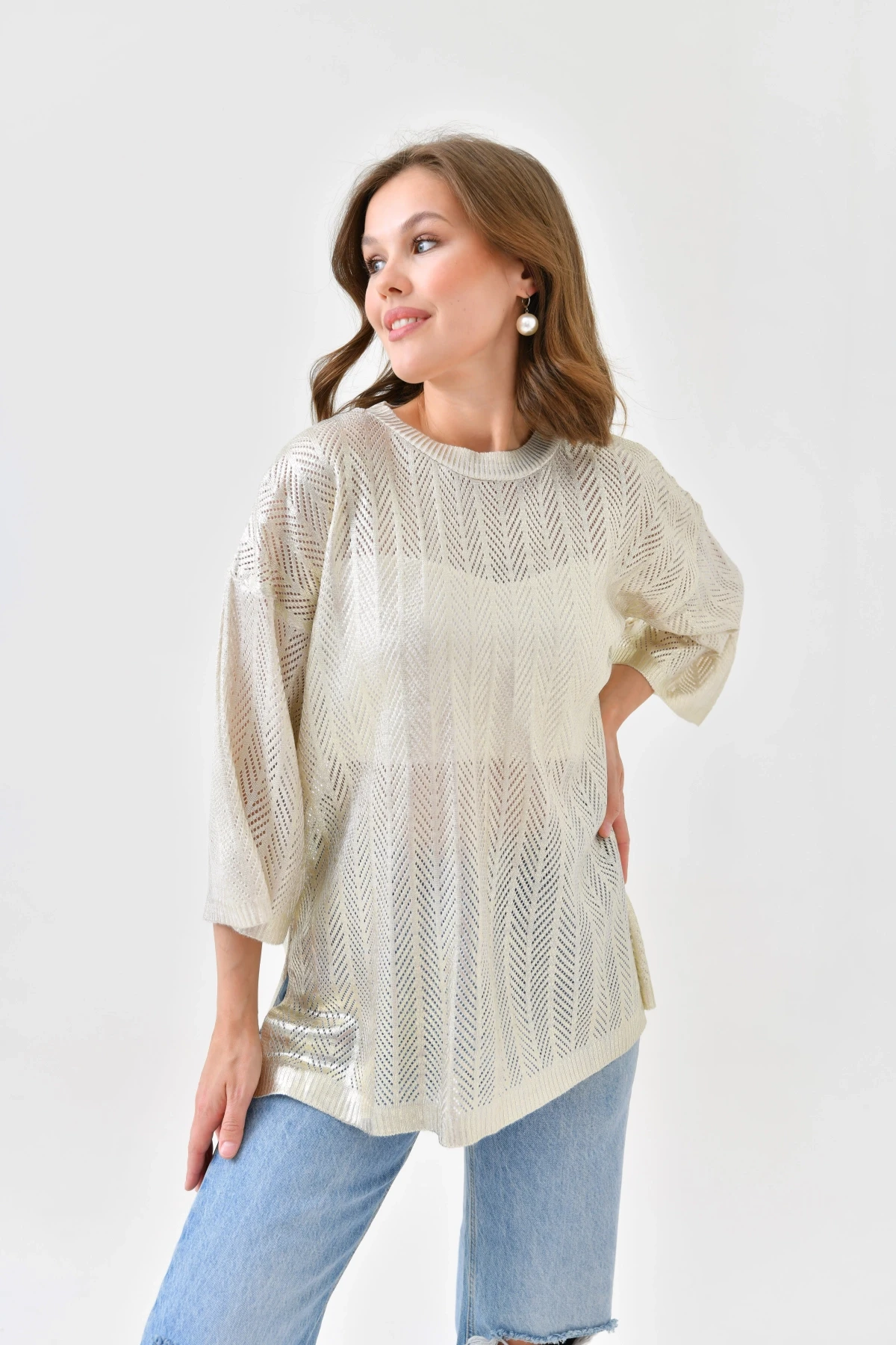 Kadın Bisiklet Yaka Örgü Detay Ajurlu Oversize Triko Kazak 10762