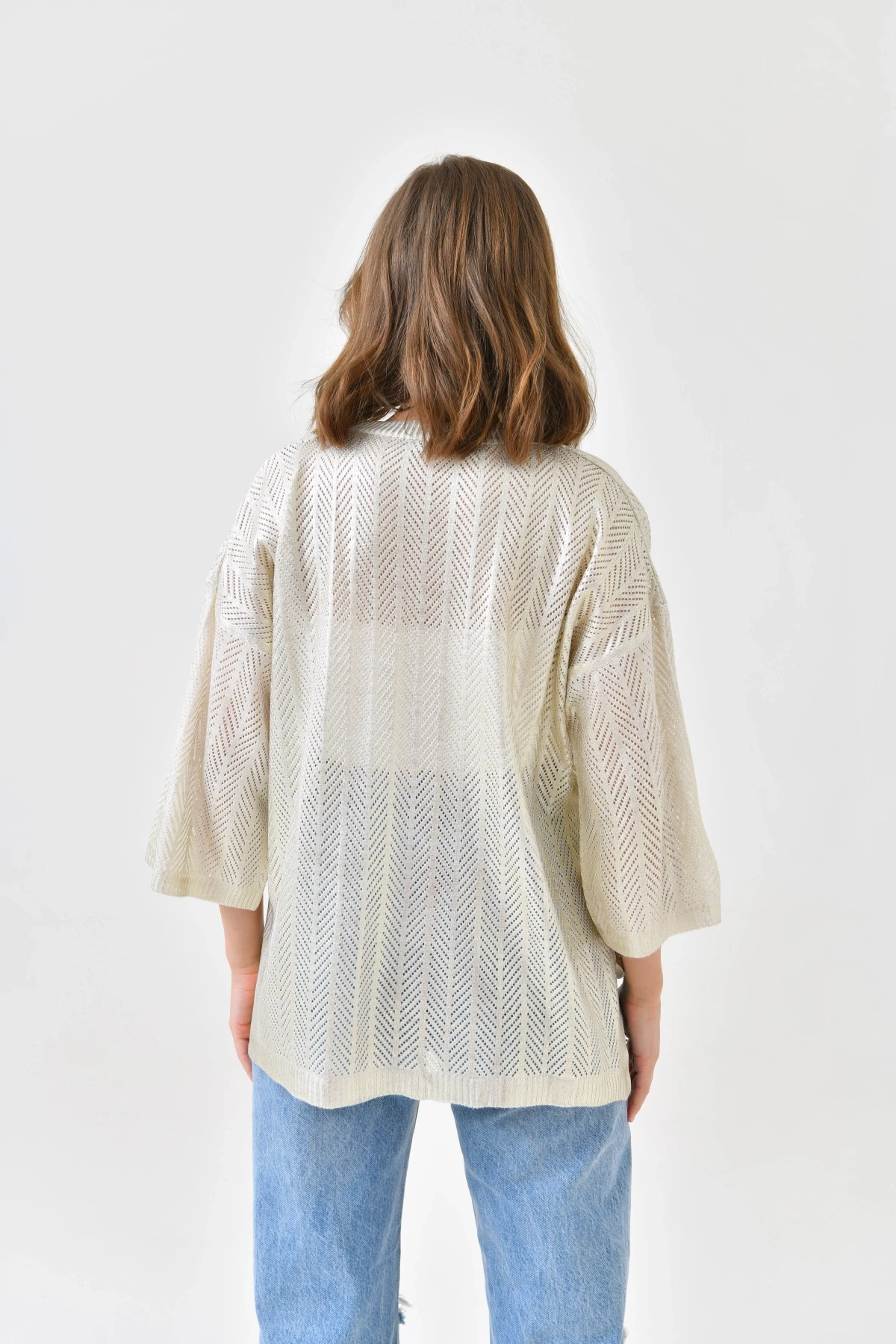 Kadın Bisiklet Yaka Örgü Detay Ajurlu Oversize Triko Kazak 10762