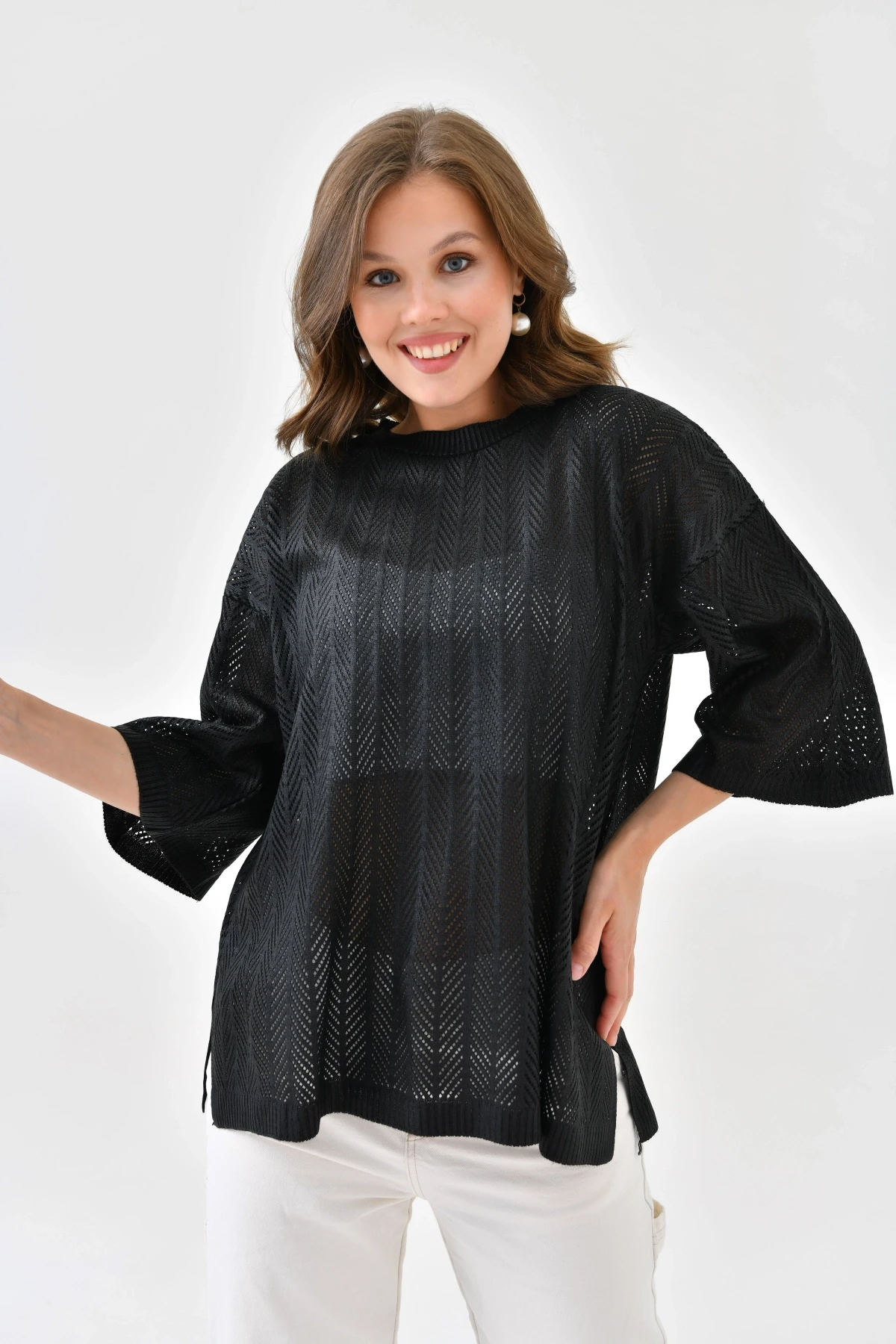 Kadın Bisiklet Yaka Örgü Detay Ajurlu Oversize Triko Kazak 10762