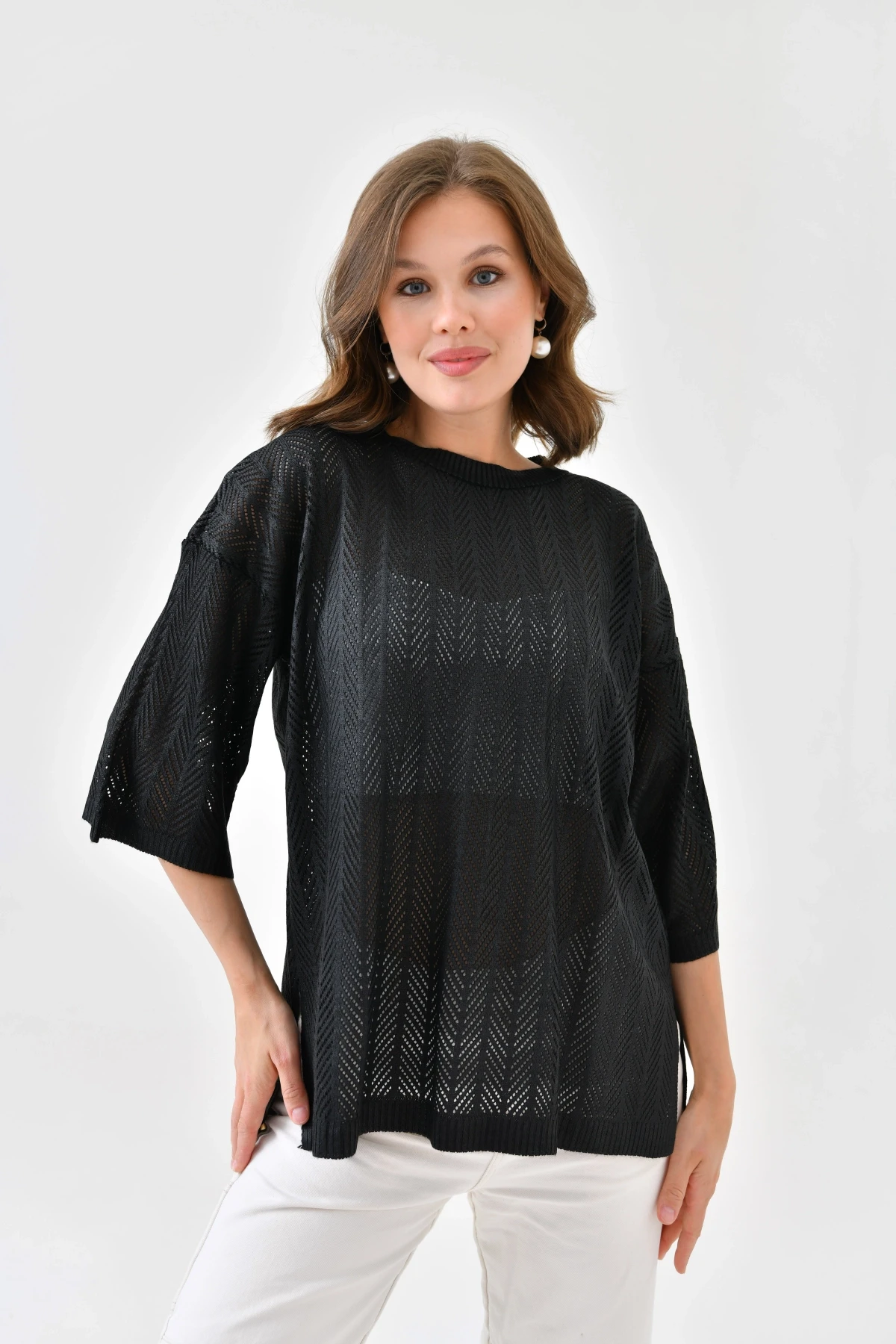 Kadın Bisiklet Yaka Örgü Detay Ajurlu Oversize Triko Kazak 10762