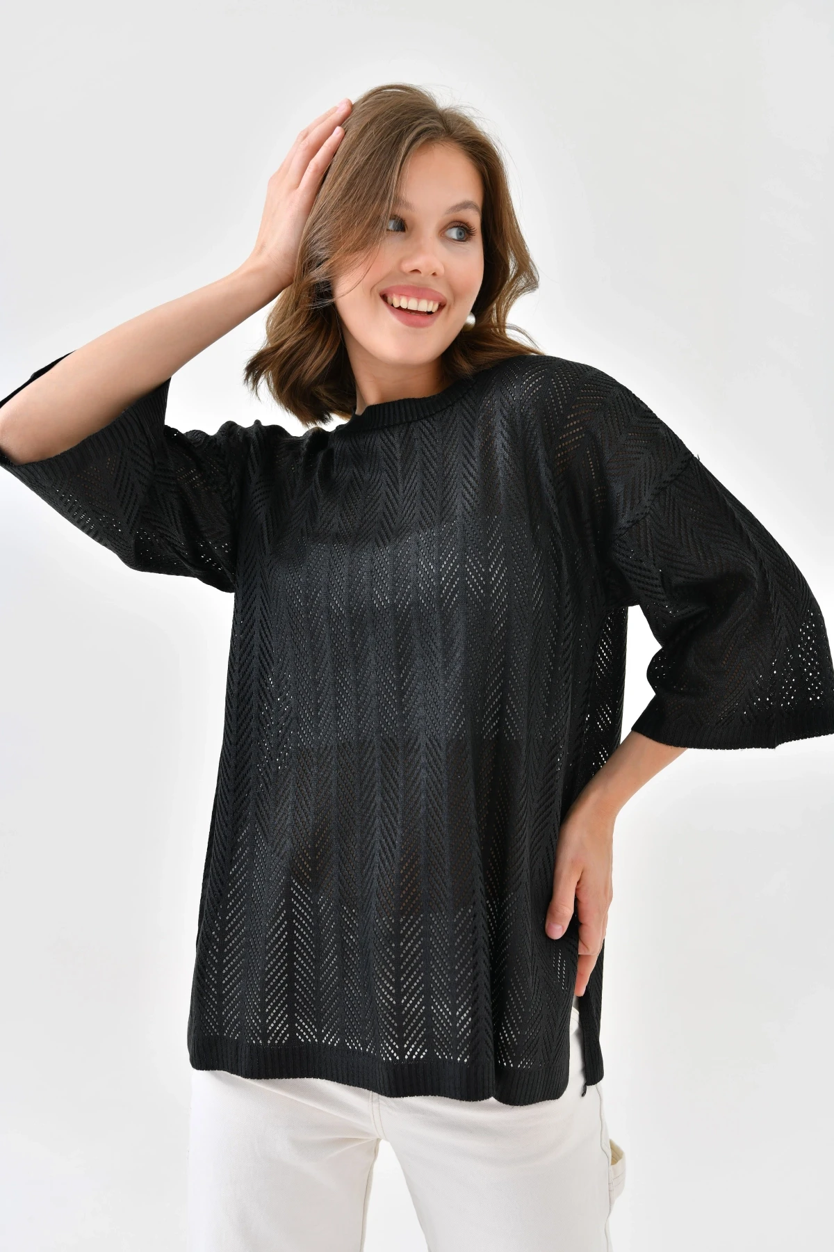 Kadın Bisiklet Yaka Örgü Detay Ajurlu Oversize Triko Kazak 10762