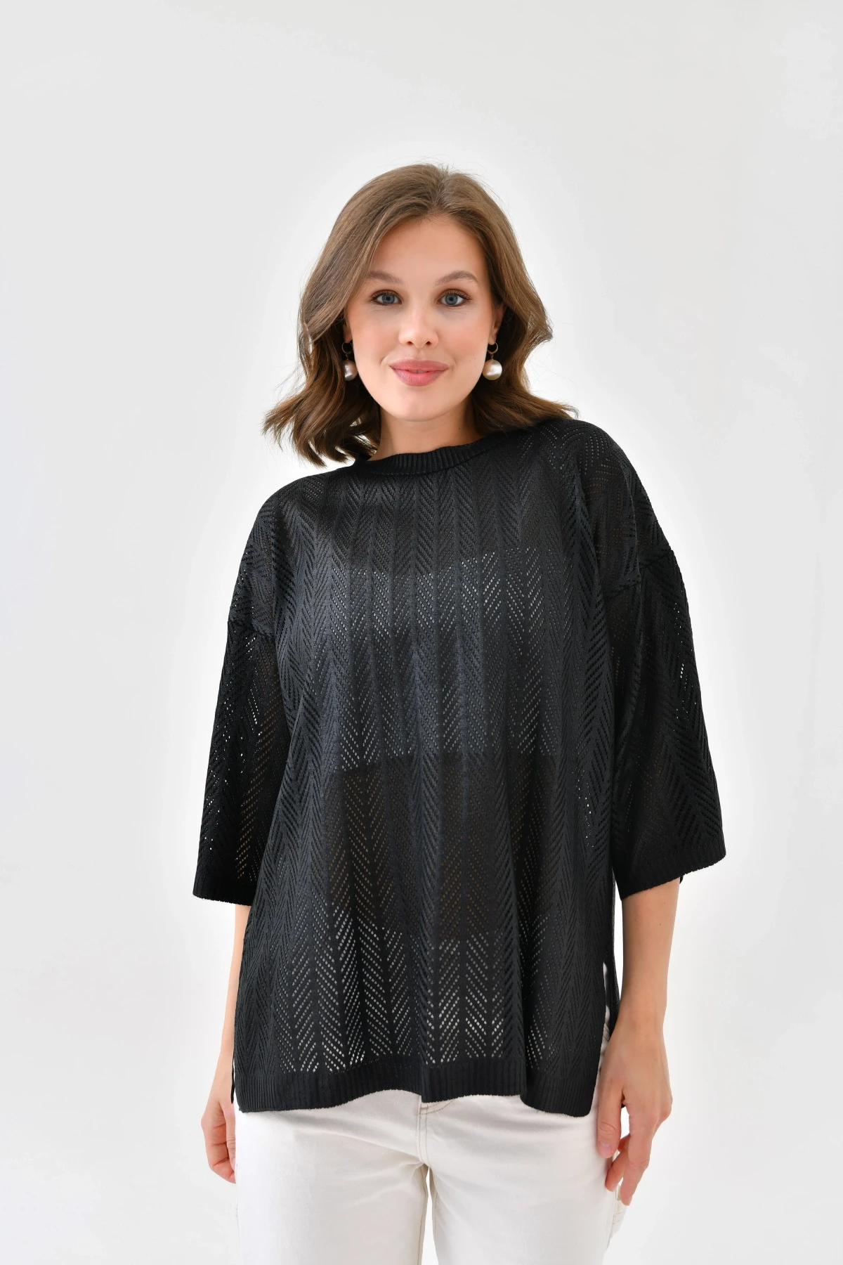 Kadın Bisiklet Yaka Örgü Detay Ajurlu Oversize Triko Kazak 10762