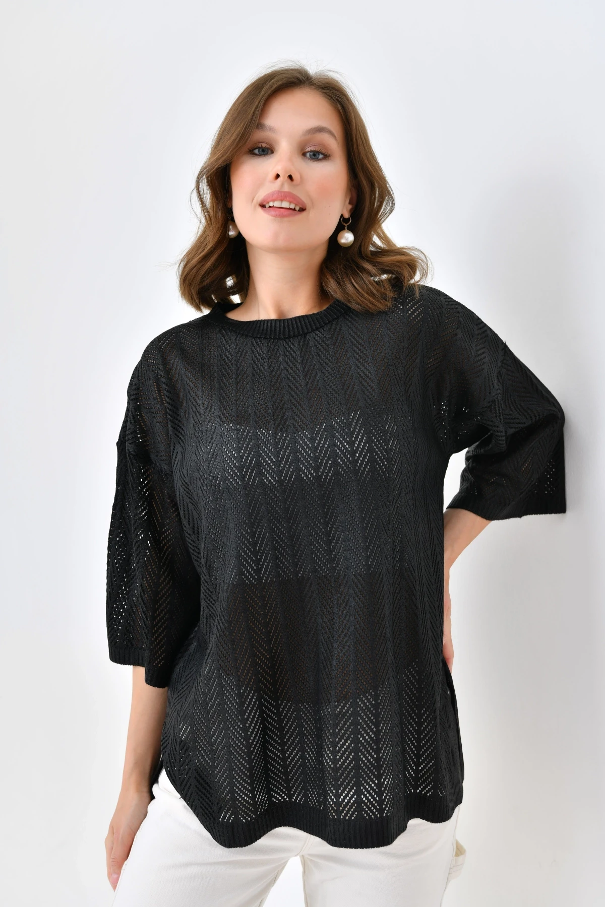 Kadın Bisiklet Yaka Örgü Detay Ajurlu Oversize Triko Kazak 10762