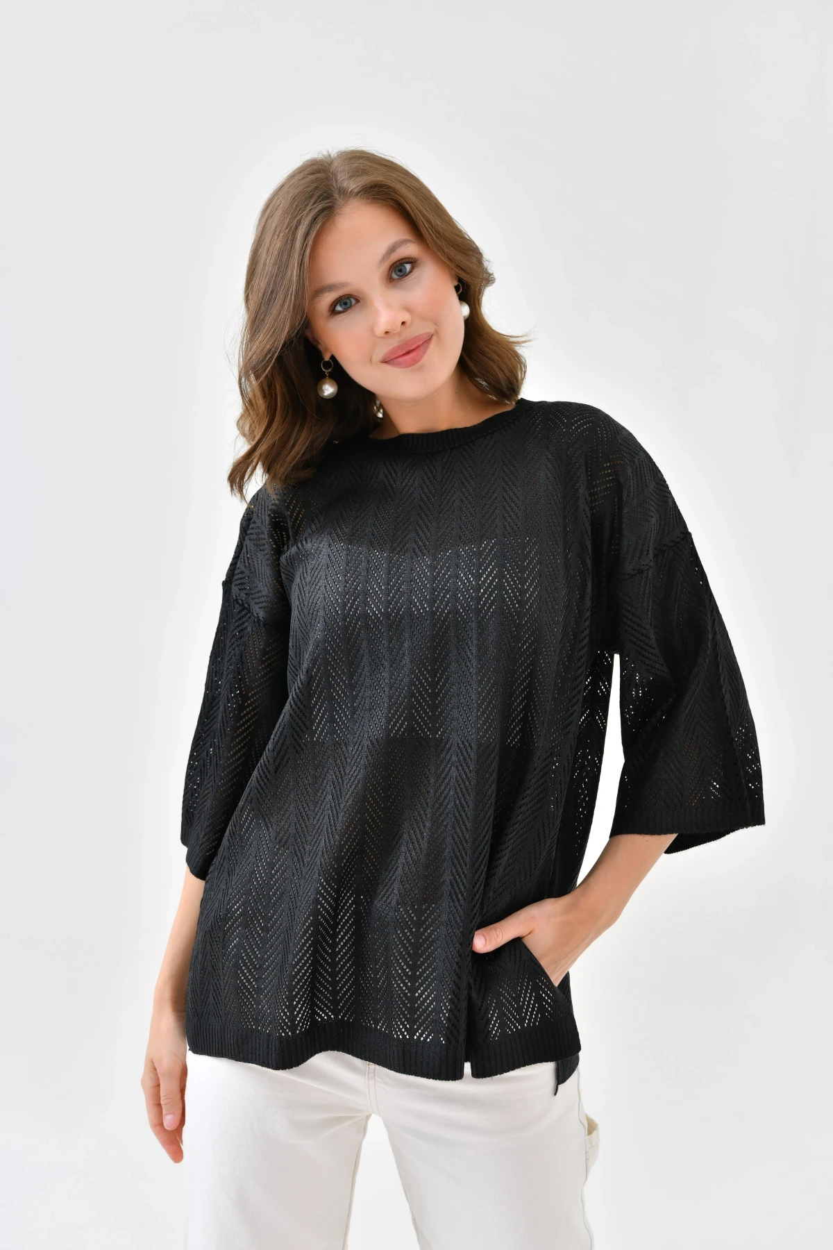 Kadın Bisiklet Yaka Örgü Detay Ajurlu Oversize Triko Kazak 10762