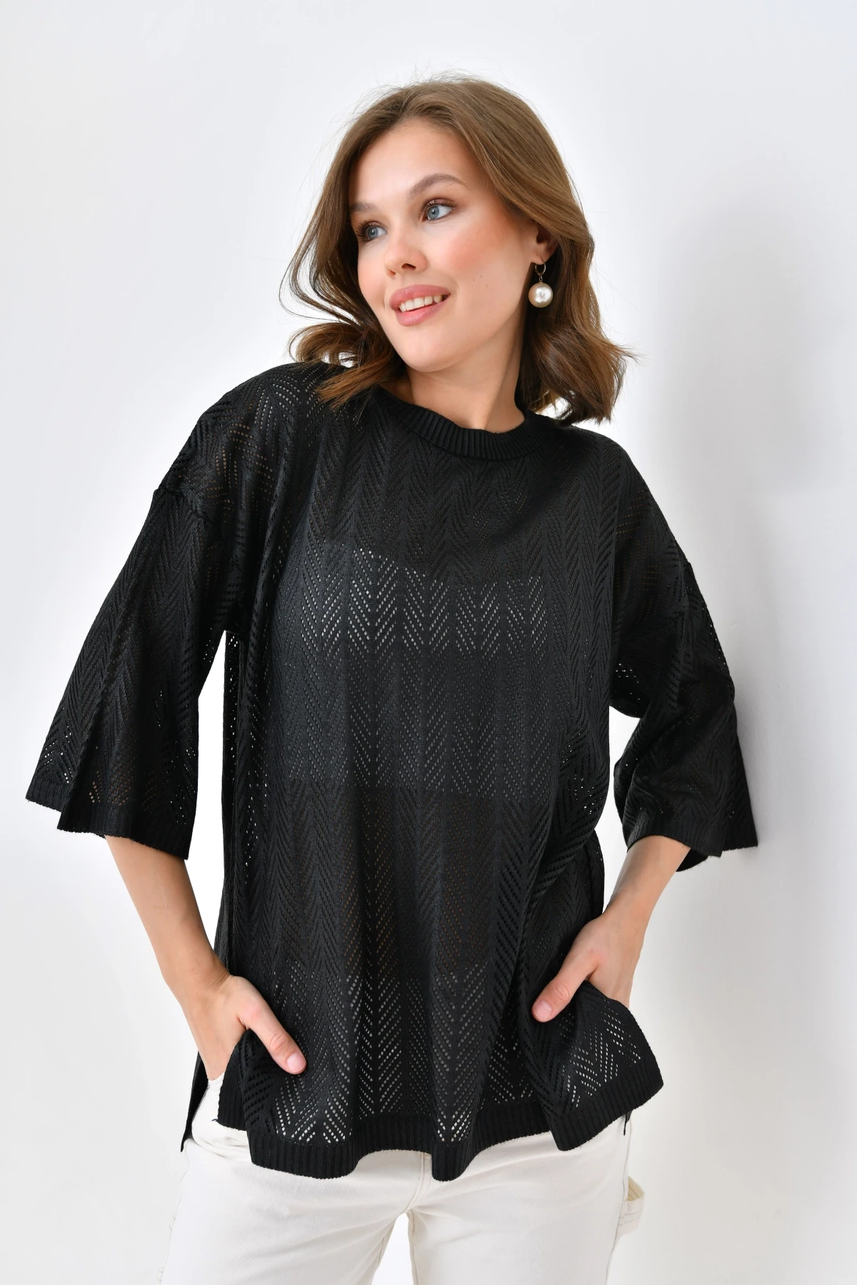 Kadın Bisiklet Yaka Örgü Detay Ajurlu Oversize Triko Kazak 10762