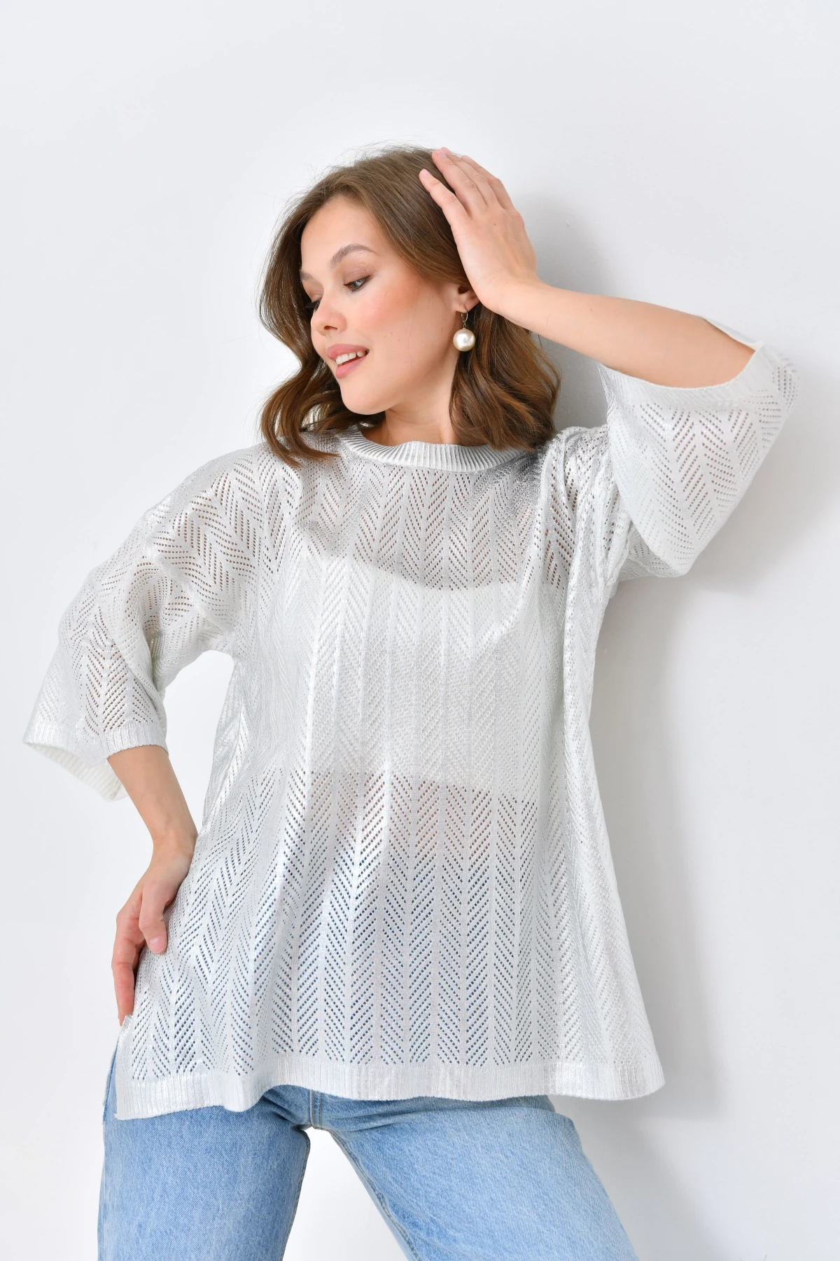 Kadın Bisiklet Yaka Örgü Detay Ajurlu Oversize Triko Kazak 10762