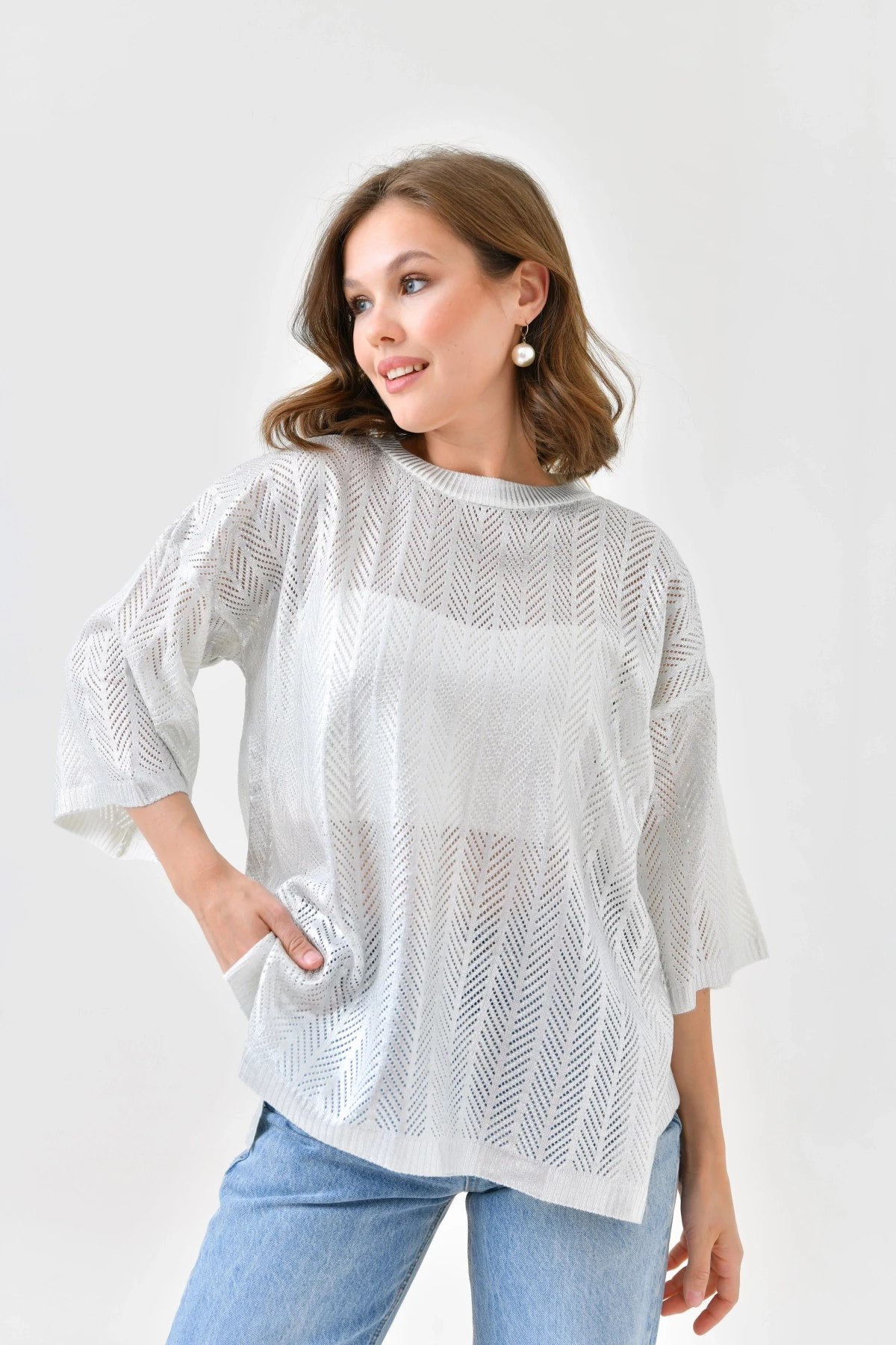 Kadın Bisiklet Yaka Örgü Detay Ajurlu Oversize Triko Kazak 10762