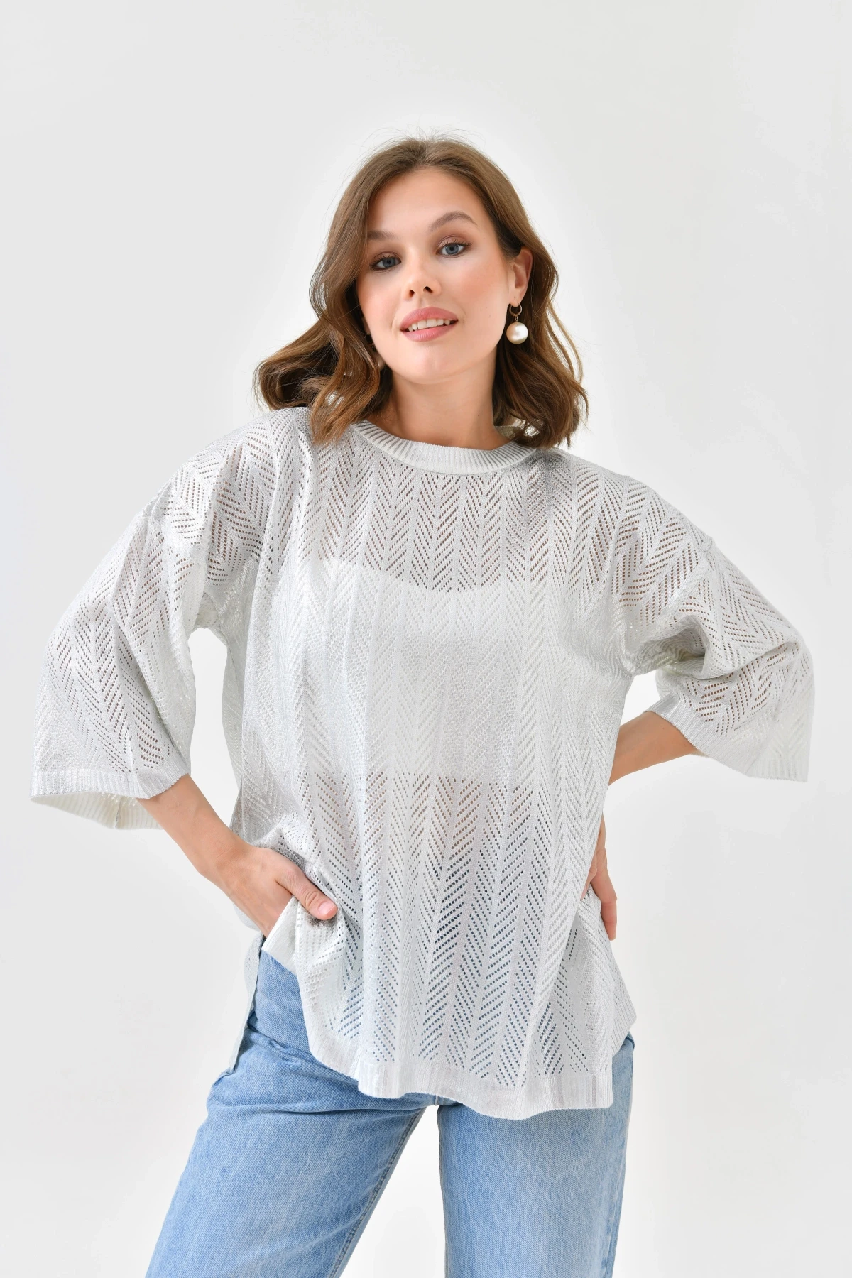 Kadın Bisiklet Yaka Örgü Detay Ajurlu Oversize Triko Kazak 10762