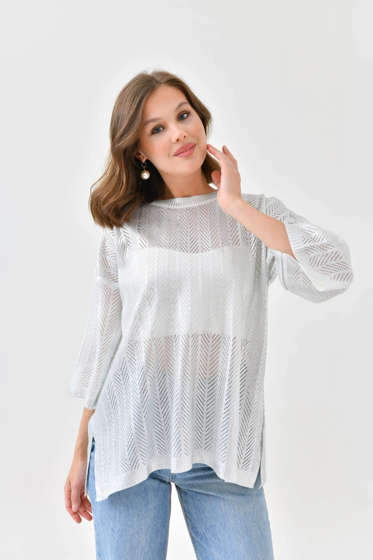 Kadın Bisiklet Yaka Örgü Detay Ajurlu Oversize Triko Kazak 10762