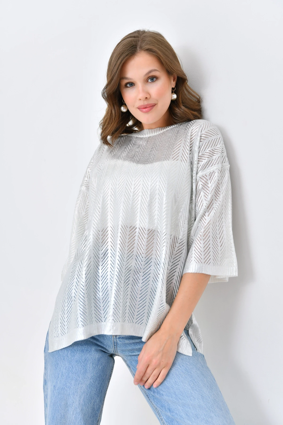 Kadın Bisiklet Yaka Örgü Detay Ajurlu Oversize Triko Kazak 10762