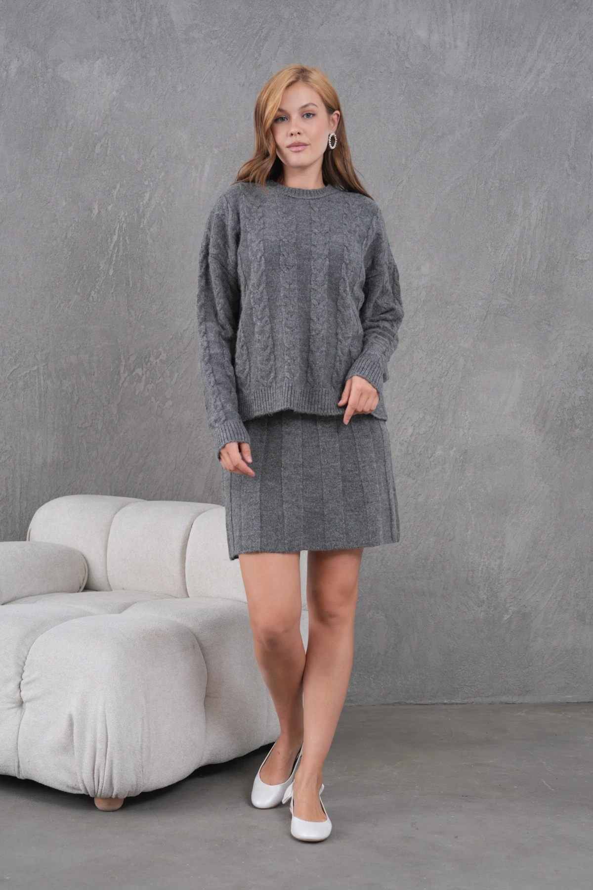 Kadın Bisiklet Yaka Saç Örgü Kazak Etek İkili Triko Takım