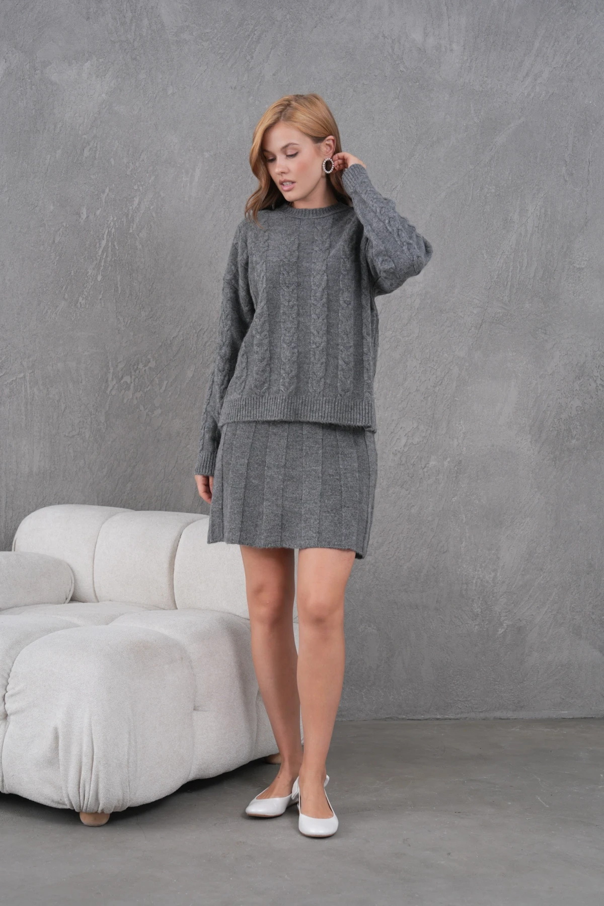 Kadın Bisiklet Yaka Saç Örgü Kazak Etek İkili Triko Takım